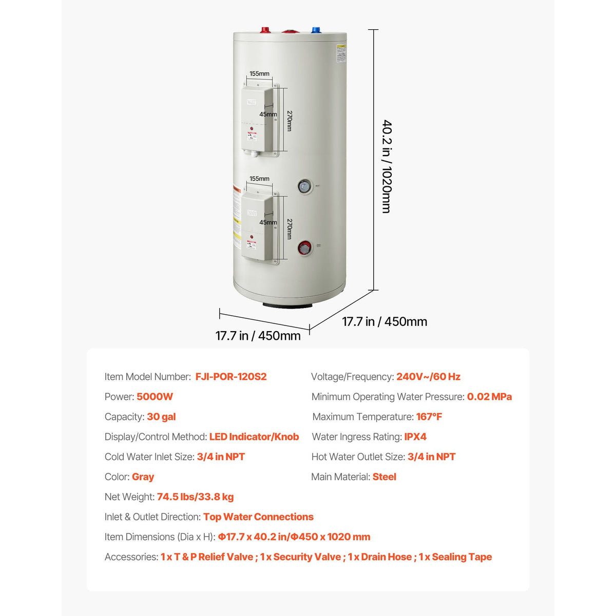 30 Gallon Electric Tank Water Heater, 5000W Point-of-Use Hot Water Heater with LED Display, Knob Control, Top Outlet, 240V with T&P Valve for Large Families, Small Commercial Spaces, Gray