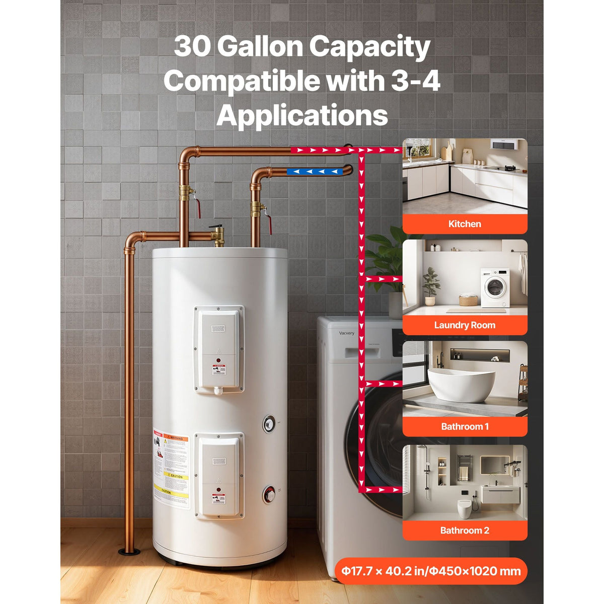 30 Gallon Electric Tank Water Heater, 5000W Point-of-Use Hot Water Heater with LED Display, Knob Control, Top Outlet, 240V with T&P Valve for Large Families, Small Commercial Spaces, Gray