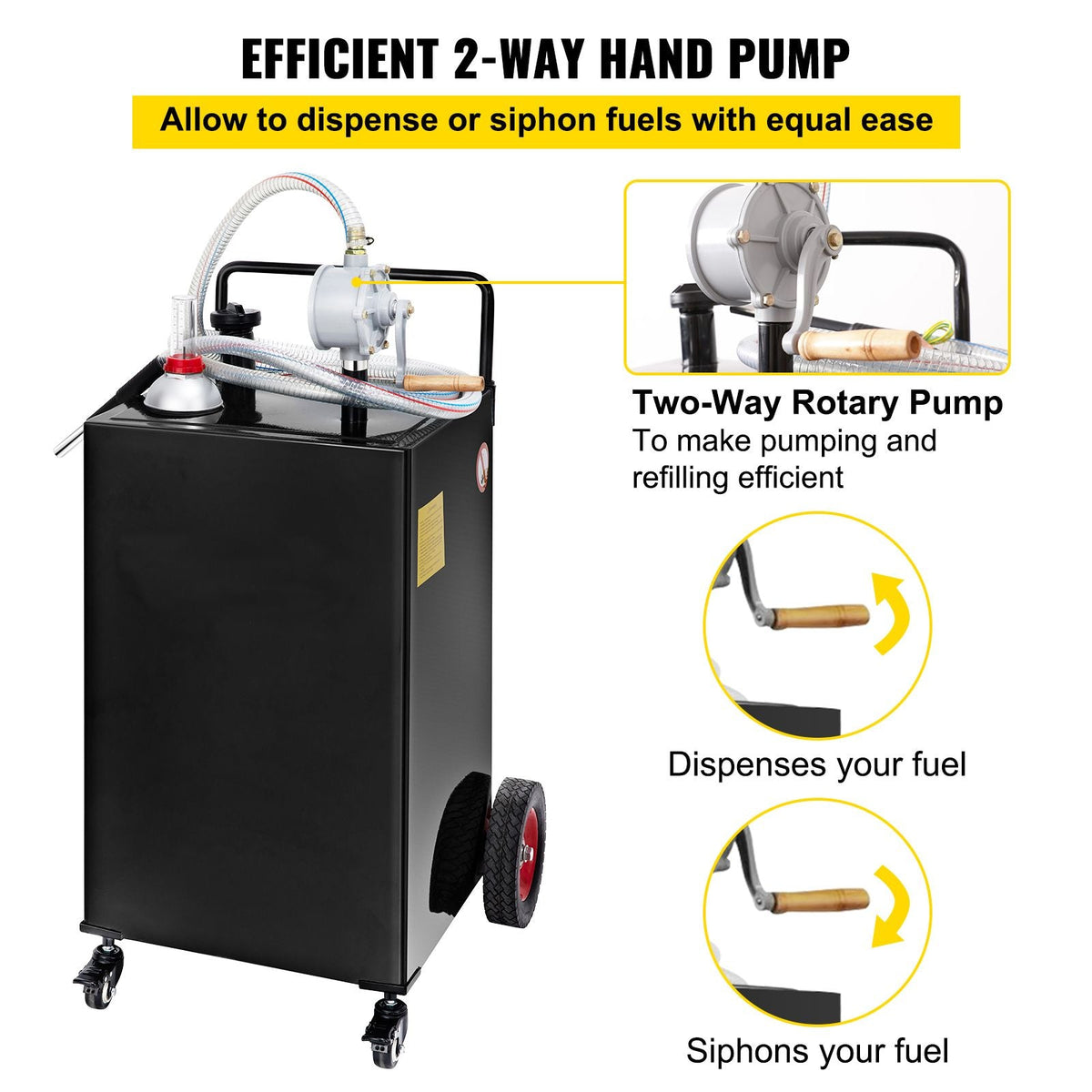 30 Gallon Fuel Caddy, Gas Storage Tank & 4 Wheels, with Manuel Transfer Pump, Gasoline Diesel Fuel Container for Cars, Lawn Mowers, ATVs, Boats, More, Black