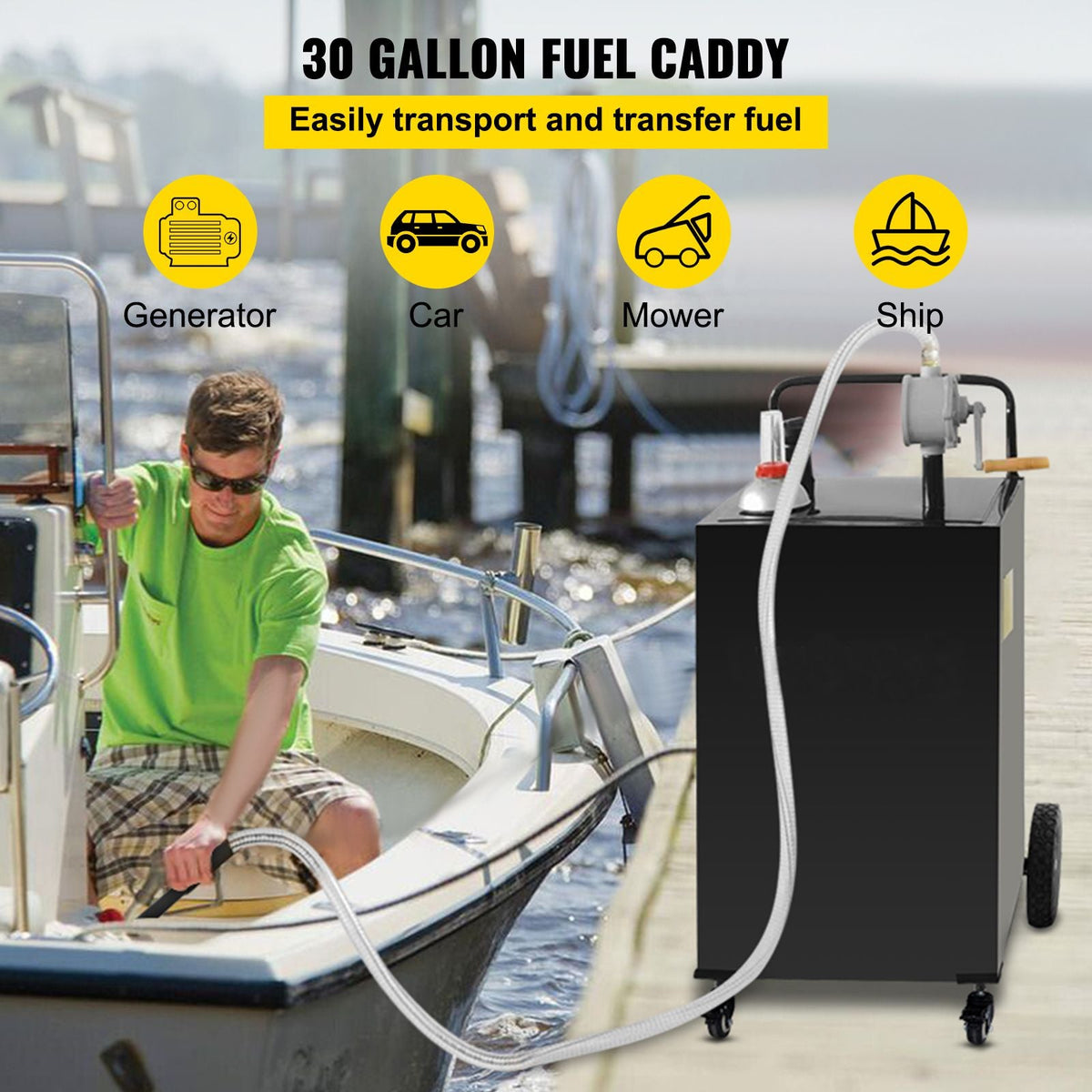 30 Gallon Fuel Caddy, Gas Storage Tank & 4 Wheels, with Manuel Transfer Pump, Gasoline Diesel Fuel Container for Cars, Lawn Mowers, ATVs, Boats, More, Black