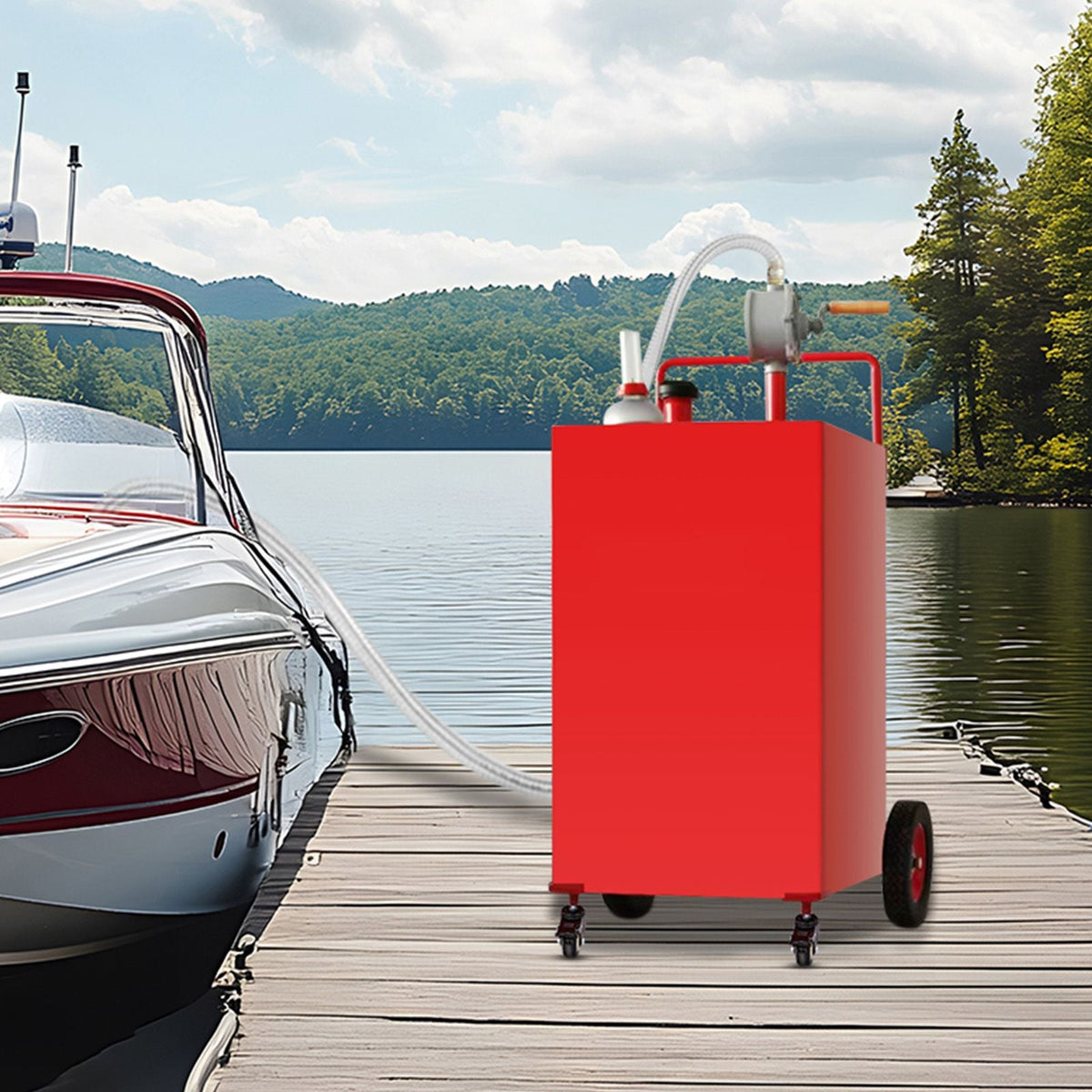 30 Gallon Fuel Caddy, Gas Storage Tank & 4 Wheels, with Manuel Transfer Pump, Gasoline Diesel Fuel Container for Cars, Lawn Mowers, ATVs, Boats, More, Red