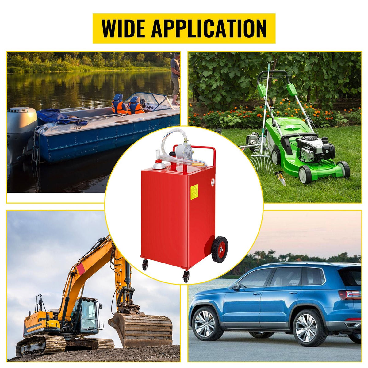 30 Gallon Fuel Caddy, Gas Storage Tank & 4 Wheels, with Manuel Transfer Pump, Gasoline Diesel Fuel Container for Cars, Lawn Mowers, ATVs, Boats, More, Red