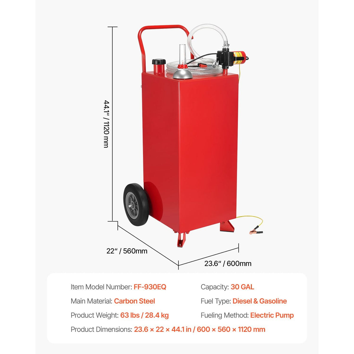 30 Gallon Gas Caddy, Max Flow 32L/min, Diesel Tank with Electric Pump, Diesel Storage Tank with 2 Wheels & 10 ft Hose, Gas Container for ATV, Car, Mowers, Boat, Motorcycle, and More, Red