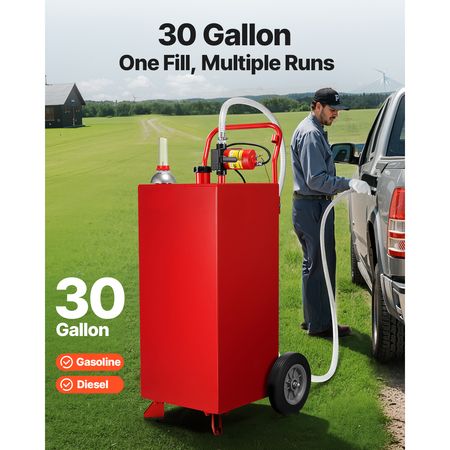 30 Gallon Gas Caddy, Max Flow 32L/min, Diesel Tank with Electric Pump, Diesel Storage Tank with 2 Wheels & 10 ft Hose, Gas Container for ATV, Car, Mowers, Boat, Motorcycle, and More, Red