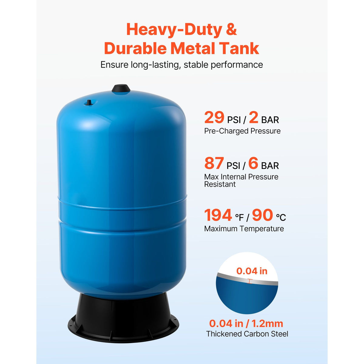 30-Gallon Vertical Well Pressure Tank, Pre-Charged Pressurized Water Tank for Well Pumps, Heavy-Duty Carbon Steel Water Storage Container for Home, School, Farm & Irrigation Systems