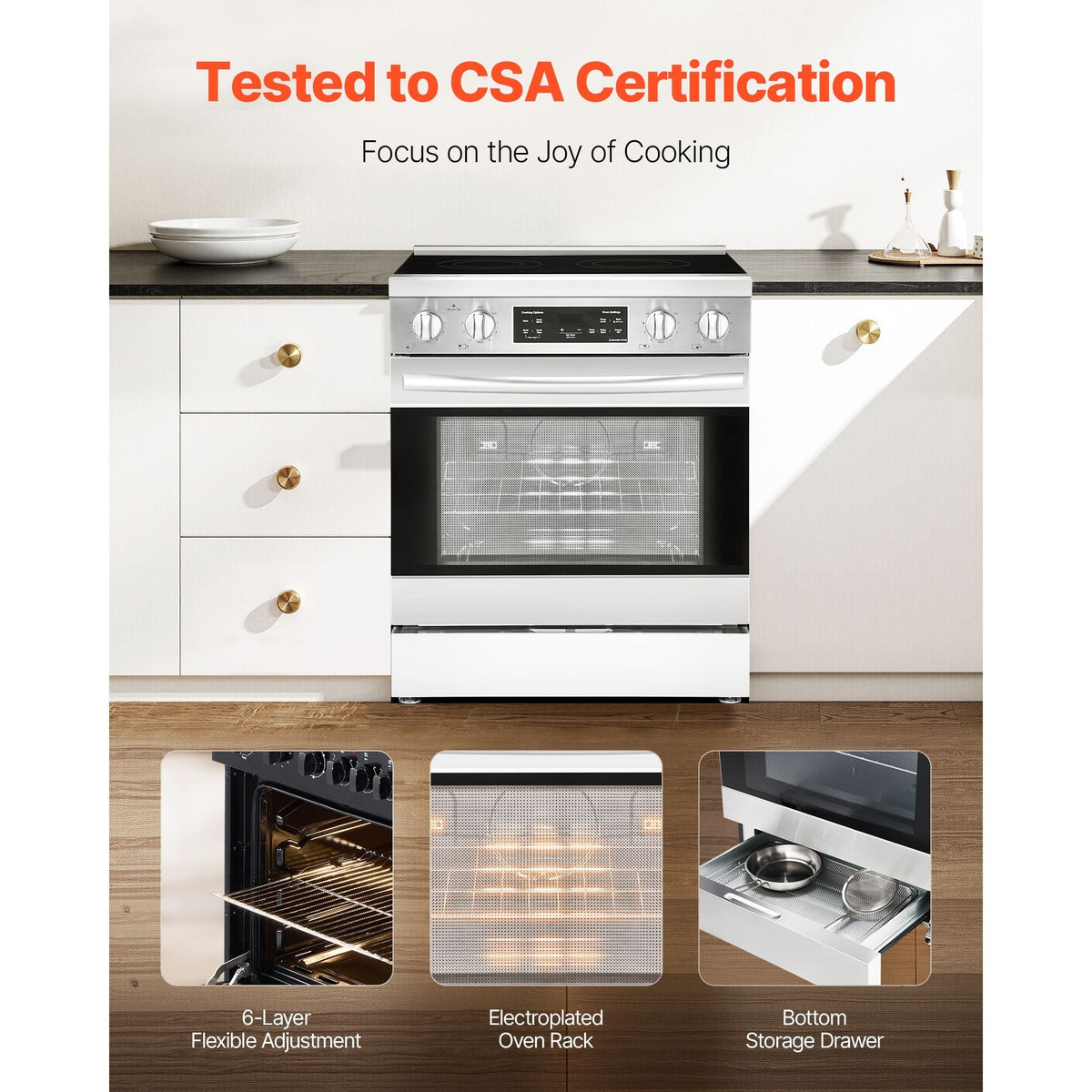 30 in Electric Range Oven, 4.8 Cu. Ft. Capacity Compact Freestanding Oven, Stainless Steel Kitchen Stove, with 4 Cooktop Burners, Timer, Easy Reach Racks, Storage Drawer, Light(No Power Cord)