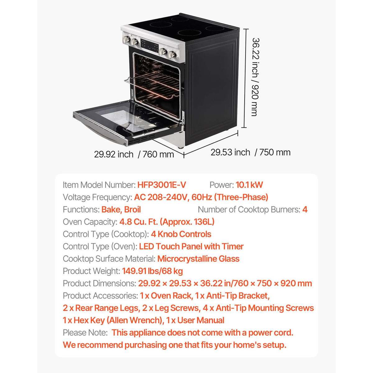 30 in Electric Range Oven, 4.8 Cu. Ft. Capacity Compact Freestanding Oven, Stainless Steel Kitchen Stove, with 4 Cooktop Burners, Timer, Easy Reach Racks, Storage Drawer, Light(No Power Cord)