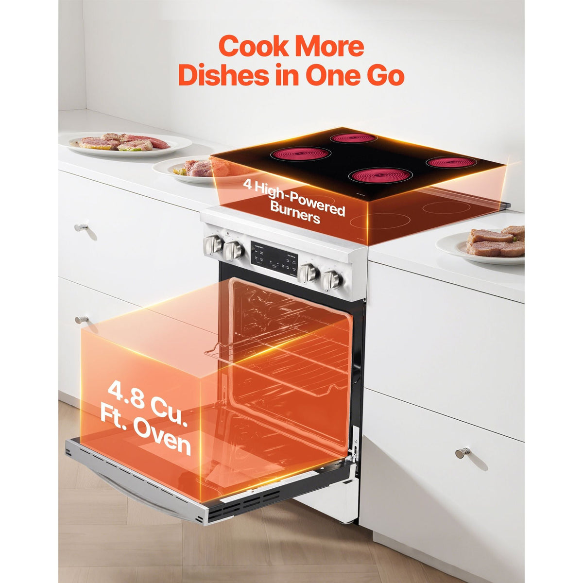 30 in Electric Range Oven, 4.8 Cu. Ft. Capacity Compact Freestanding Oven, Stainless Steel Kitchen Stove, with 4 Cooktop Burners, Timer, Easy Reach Racks, Storage Drawer, Light(No Power Cord)