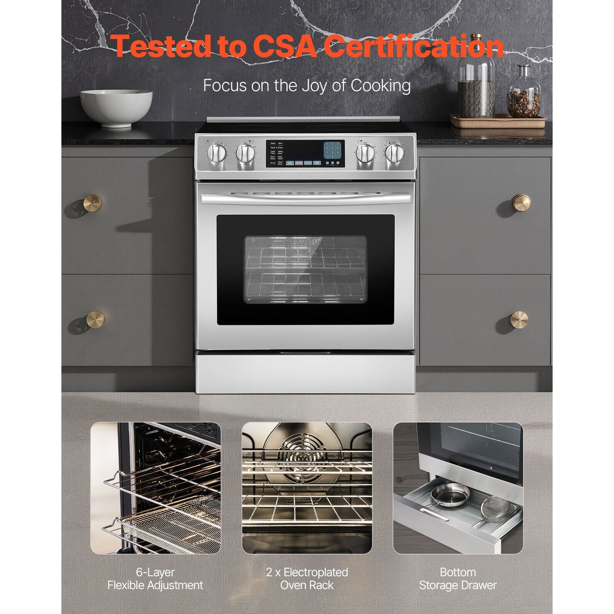 30 in Electric Range Oven, 4.8 Cu. Ft. Capacity Compact Freestanding Oven, Stainless Steel Kitchen Stove, with 5 Burners, Timer, Self-Cleaning, Easy Reach Racks, Storage Drawer(No Power Cord)