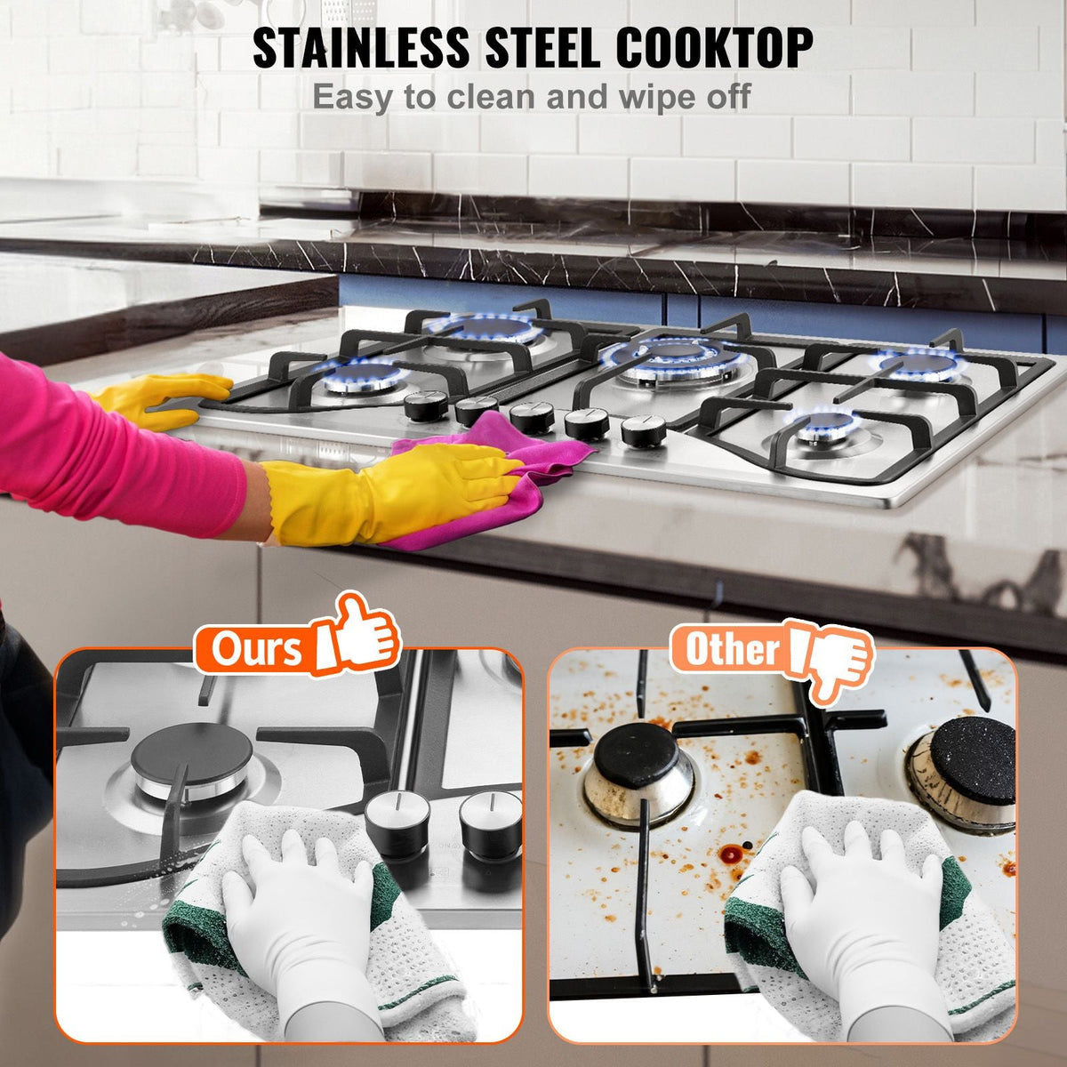 30-inch Gas Cooktop, 5 Burners Built-in Gas Stove Top, Max 12250BTU NG/LPG Convertible Stainless Steel Natural Gas Hob, with Thermocouple Protection for Camping, RV, Apartment