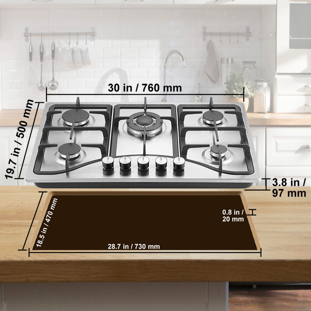 30-inch Gas Cooktop, 5 Burners Built-in Gas Stove Top, Max 12250BTU NG/LPG Convertible Stainless Steel Natural Gas Hob, with Thermocouple Protection for Camping, RV, Apartment
