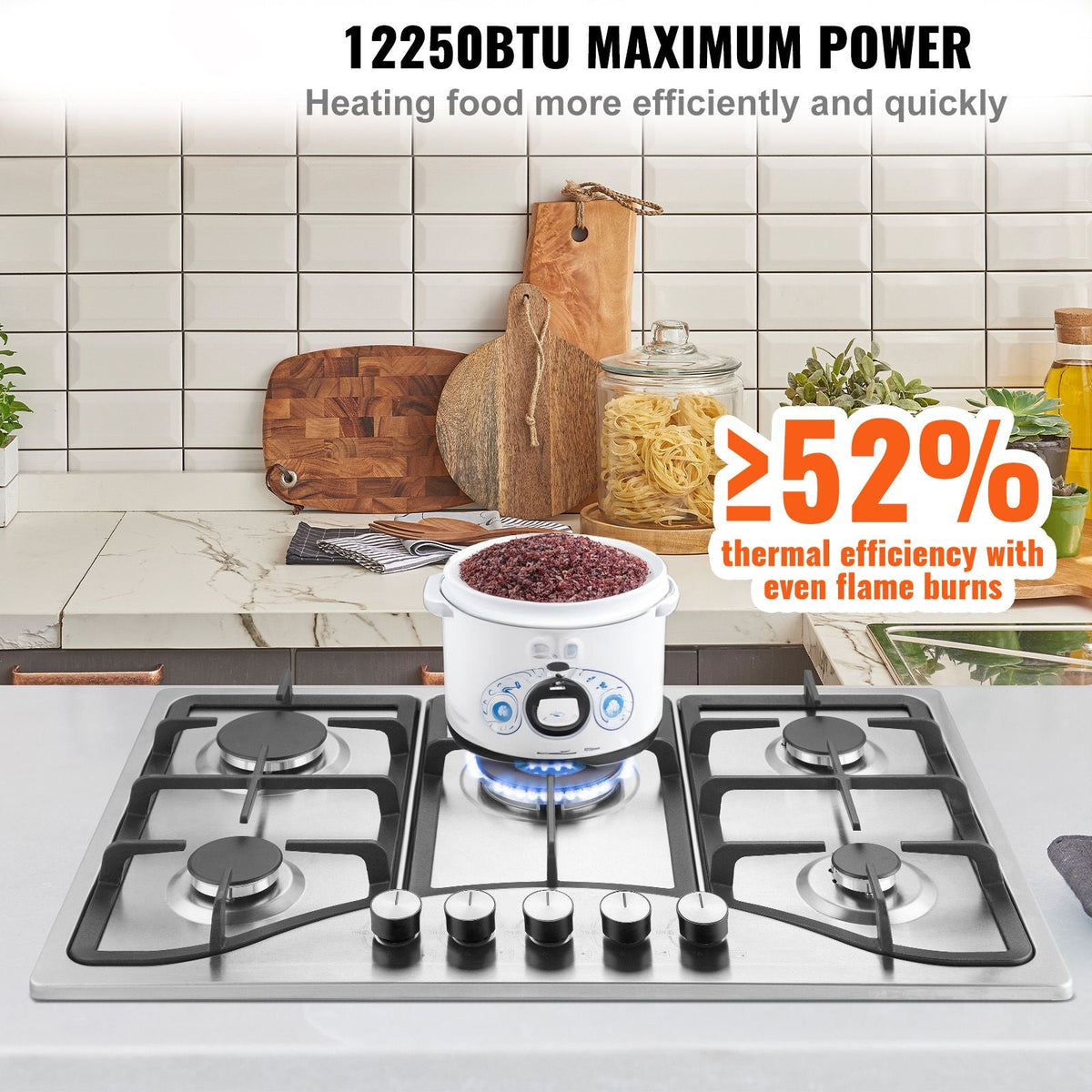 30-inch Gas Cooktop, 5 Burners Built-in Gas Stove Top, Max 12250BTU NG/LPG Convertible Stainless Steel Natural Gas Hob, with Thermocouple Protection for Camping, RV, Apartment