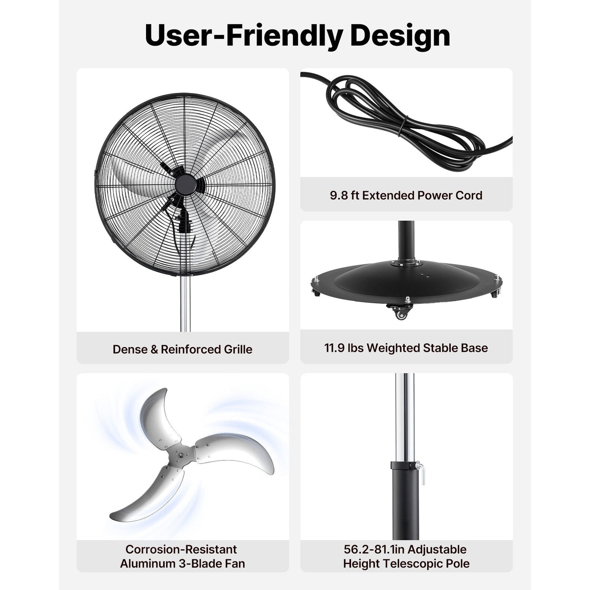 30-Inch High Velocity Pedestal Fan, 9100 CFM Industrial Standing Floor Fan with 85° Oscillating, 3-Speed Adjustable Height, IP44 Waterproof, Carbon Steel for Commercial, Garage, Workshop, Black
