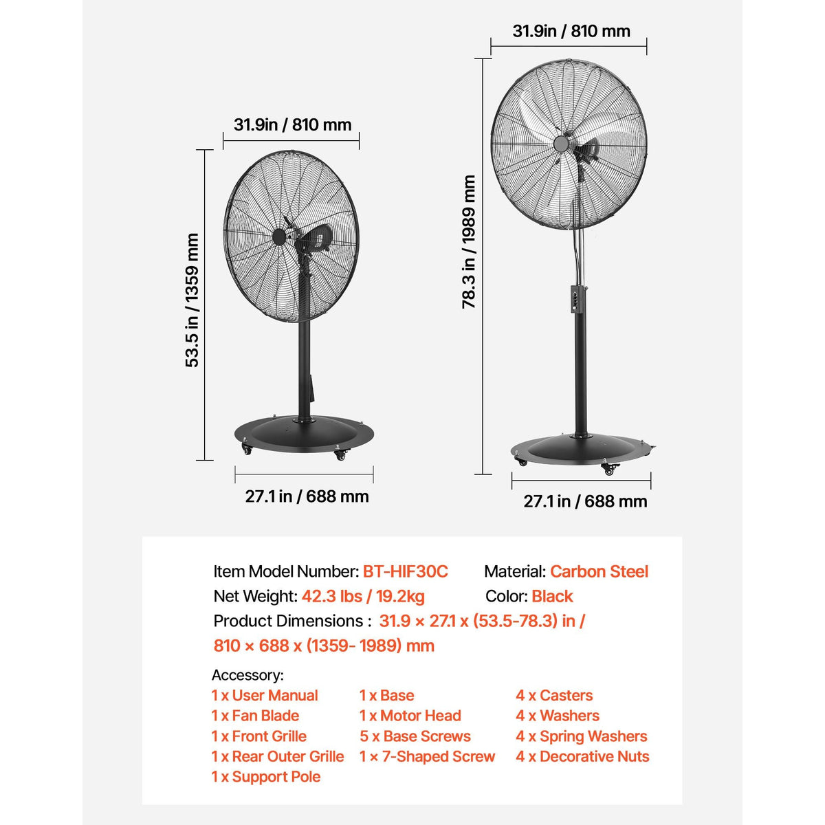 30-Inch High Velocity Pedestal Fan, 9100 CFM Industrial Standing Floor Fan with 85° Oscillating, 3-Speed Adjustable Height, IP44 Waterproof, Carbon Steel for Commercial, Garage, Workshop, Black