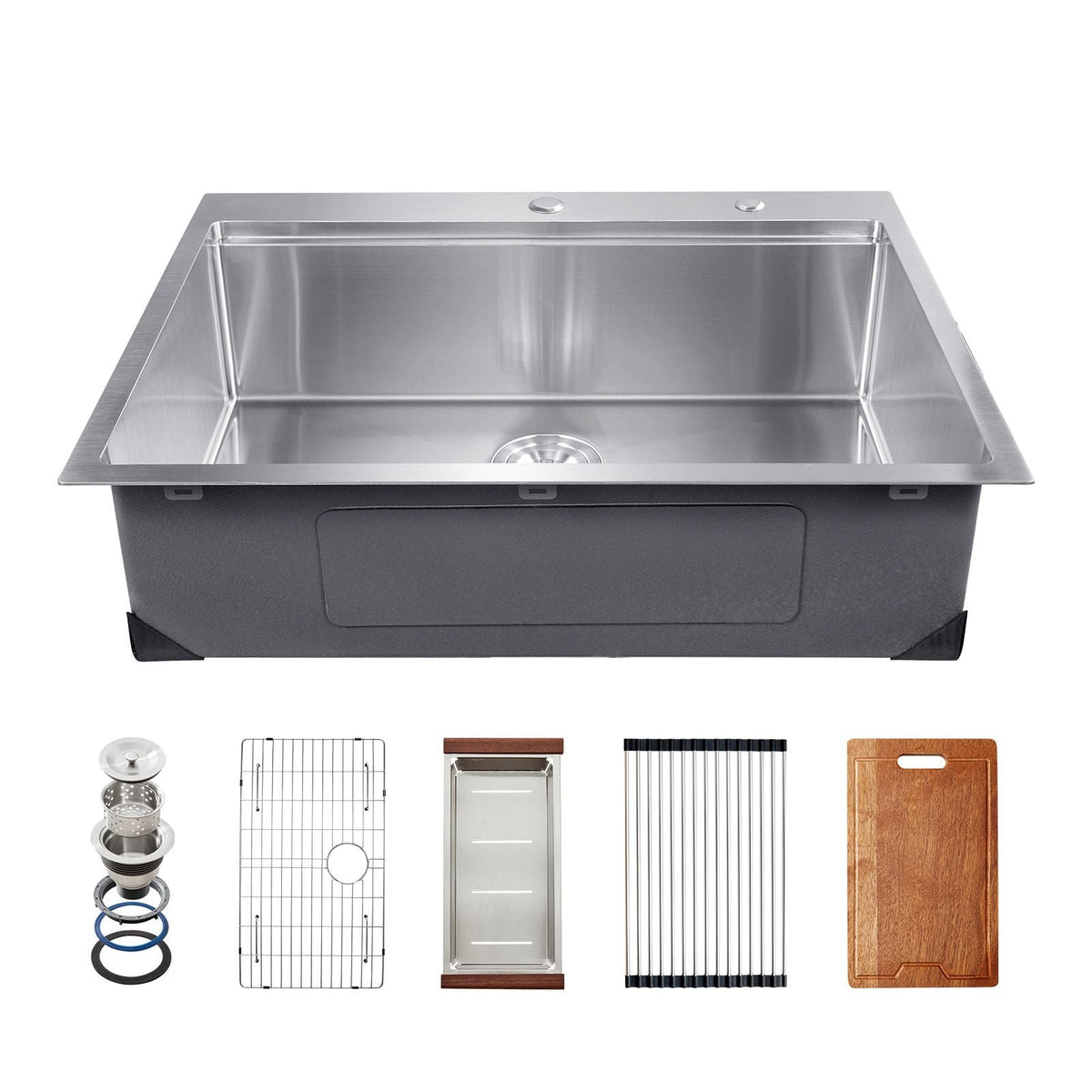 30 inch Kitchen Sink Workstation, 304 Stainless Steel Top Mount Sinks, Drop-In Single Bowl Farmhouse Basin with Ledge & Multiple Accessories, Household Dishwasher Sink for RV, Prep Kitchen, Bar