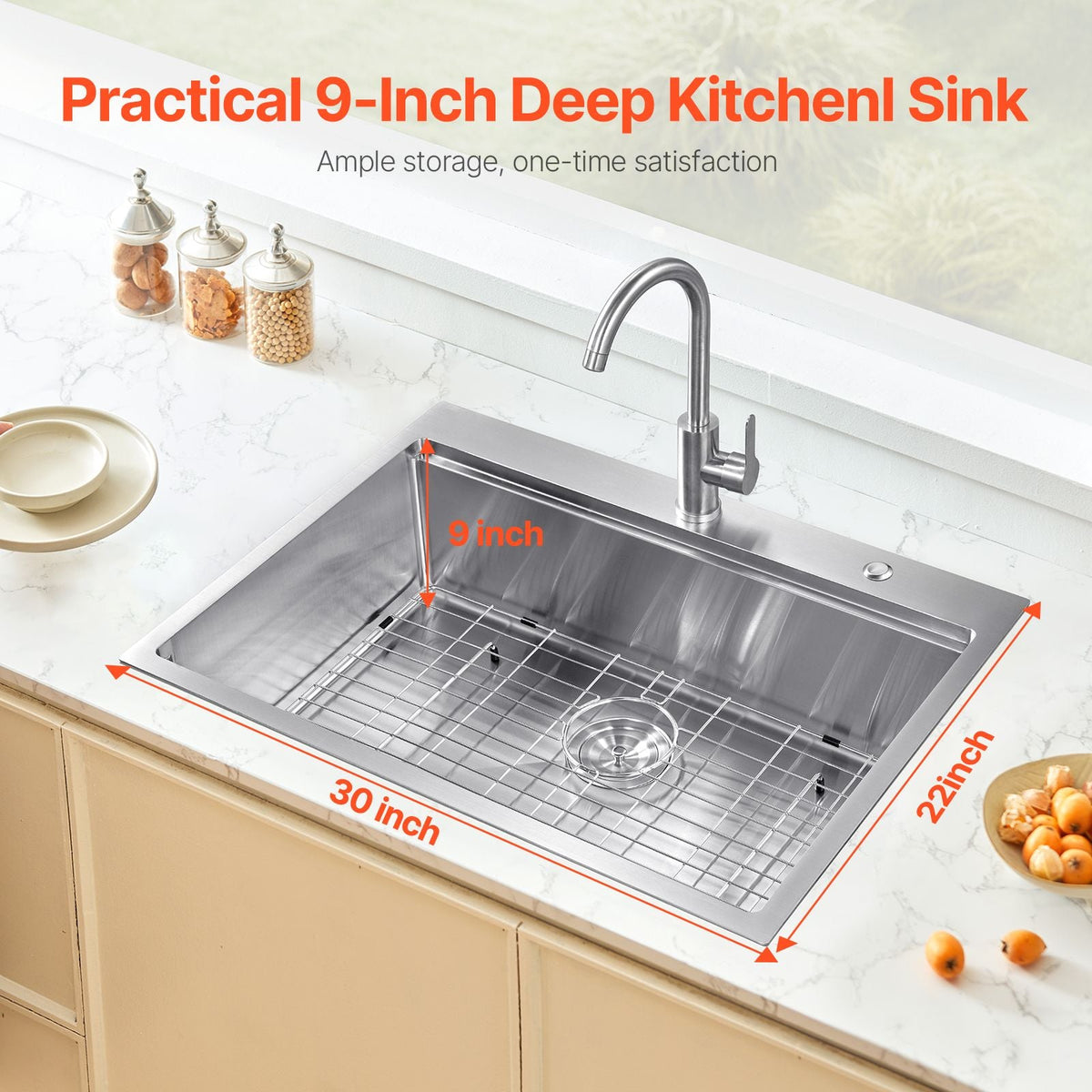 30 inch Kitchen Sink Workstation, 304 Stainless Steel Top Mount Sinks, Drop-In Single Bowl Farmhouse Basin with Ledge & Multiple Accessories, Household Dishwasher Sink for RV, Prep Kitchen, Bar