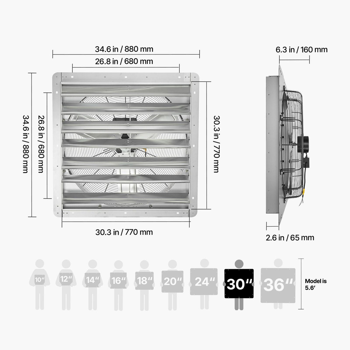 30 inch Shutter Exhaust Fan, Wall Mounted Attic Vent Fan with 6900 CFM Airflow, AC Motor, Heavy-duty Steel Construction, Low Noise for Shed, Garage, Greenhouse Ventilation Cooling, Silver