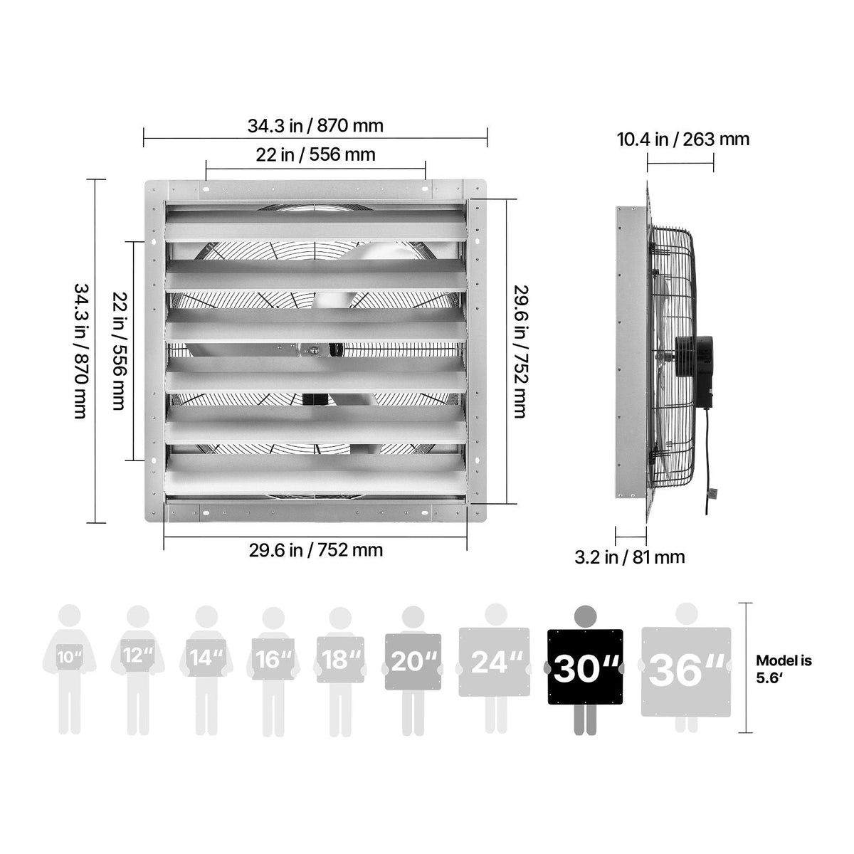 30 Inch Shutter Exhaust Fan Wall Mounted Automatic Louvers Silver, Sturdy Steel Housing, Low Noise, AC Motor, 8099 CFM Ventilation and Cooling for Attic, Garage, Barn, Greenhouse, Workshop