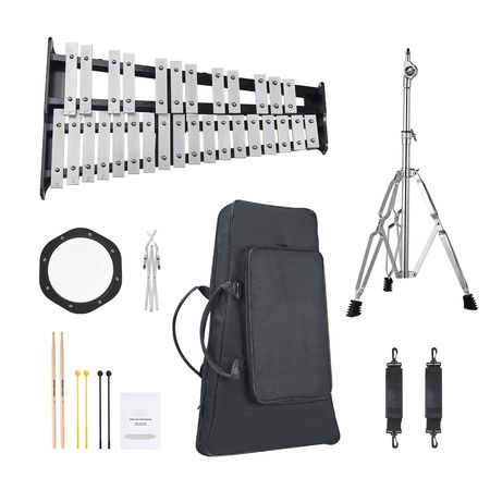 30 Note Glockenspiel Xylophone Bell Kit, Professional Percussion Instrument Set with Mallets, Drum Sticks, Music Stand, 8" Practice Pad, Adjustable Stand and Carrying Bag for Students & Adults