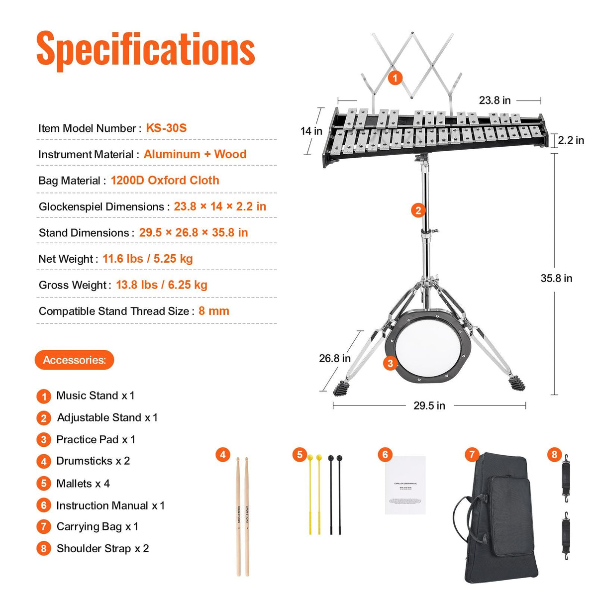 30 Note Glockenspiel Xylophone Bell Kit, Professional Percussion Instrument Set with Mallets, Drum Sticks, Music Stand, 8" Practice Pad, Adjustable Stand and Carrying Bag for Students & Adults