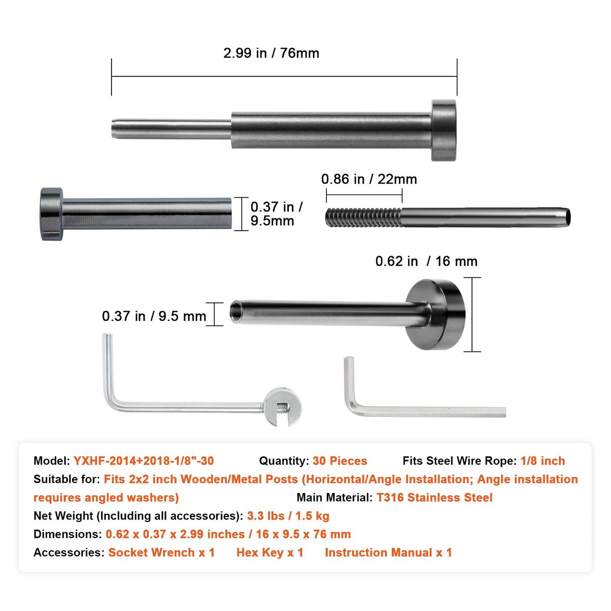 30 Pack Invisible Cable Railing kit, T316 Stainless Steel 1/8" Invisible Receiver and Swage Stud End for Cable Railing, Swage Tensioner 1/8" for Wood/Metal Post, Cable Railing Hardware, Black