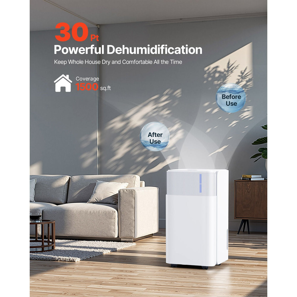 30 Pints Dehumidifier for Home & Basement, Drain Hose for Commercial & Industrial Use, Smart Humidity Control, Low Noise for Large Rooms, Warehouses, Bedrooms & Storage, Large Coverage,White