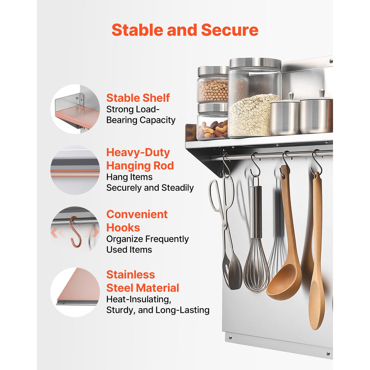 30" x 24" Stainless Steel Backsplash for Stove, Ultra Flat Splatter Guard with Storage Shelf & Hanging Rack, Wall Shield Range Hood Panel, Easy Clean, Pre-Drilled Holes for Easy Installation
