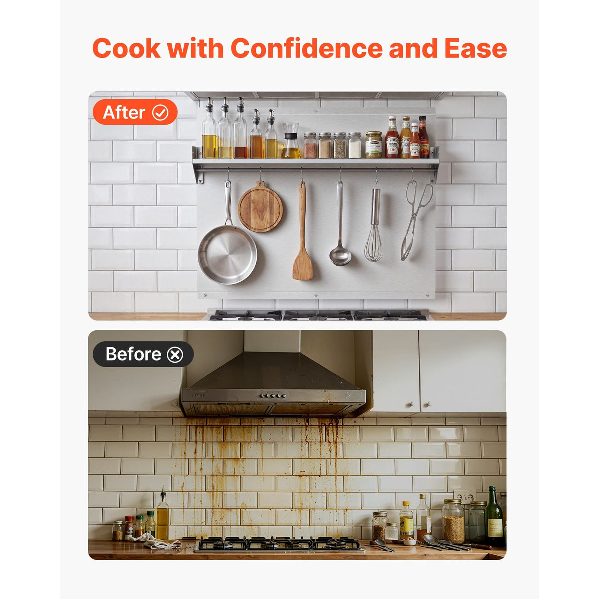30" x 24" Stainless Steel Backsplash for Stove, Ultra Flat Splatter Guard with Storage Shelf & Hanging Rack, Wall Shield Range Hood Panel, Easy Clean, Pre-Drilled Holes for Easy Installation