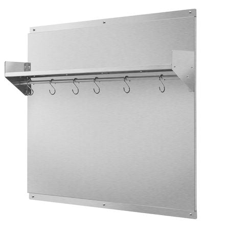 30" x 24" Stainless Steel Backsplash for Stove, Ultra Flat Splatter Guard with Storage Shelf & Hanging Rack, Wall Shield Range Hood Panel, Easy Clean, Pre-Drilled Holes for Easy Installation