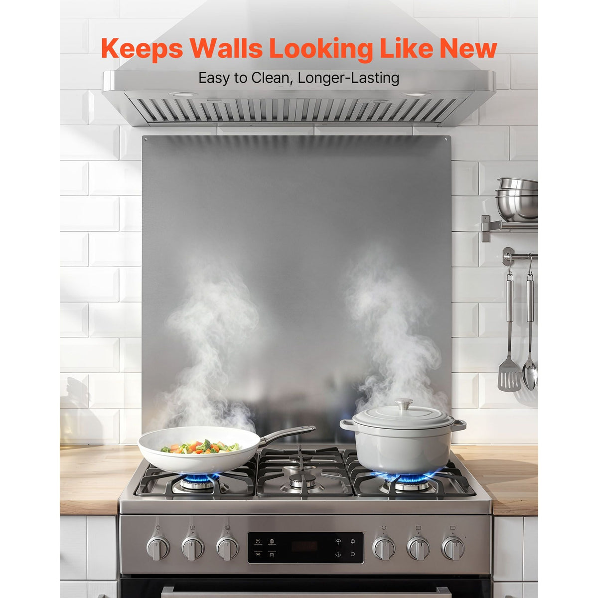 30" x 30" Stainless Steel Backsplash for Stove, Ultra Flat Splatter Guard, Wall Shield Range Hood Backsplash, Easy Clean Kitchen Wall Metal Panel, Pre-Drilled Holes for Easy Installation, Silver