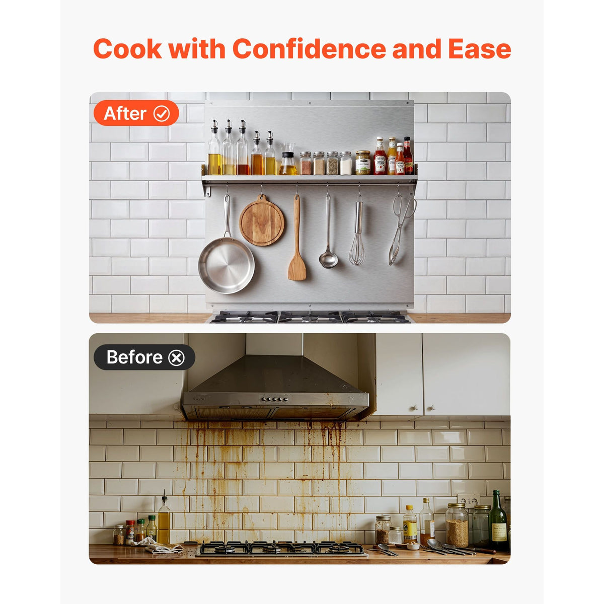 30" x 30" Stainless Steel Backsplash for Stove, Ultra Flat Splatter Guard with Storage Shelf & Hanging Rack, Wall Shield Range Hood Panel, Easy Clean, Pre-Drilled Holes for Easy Installation