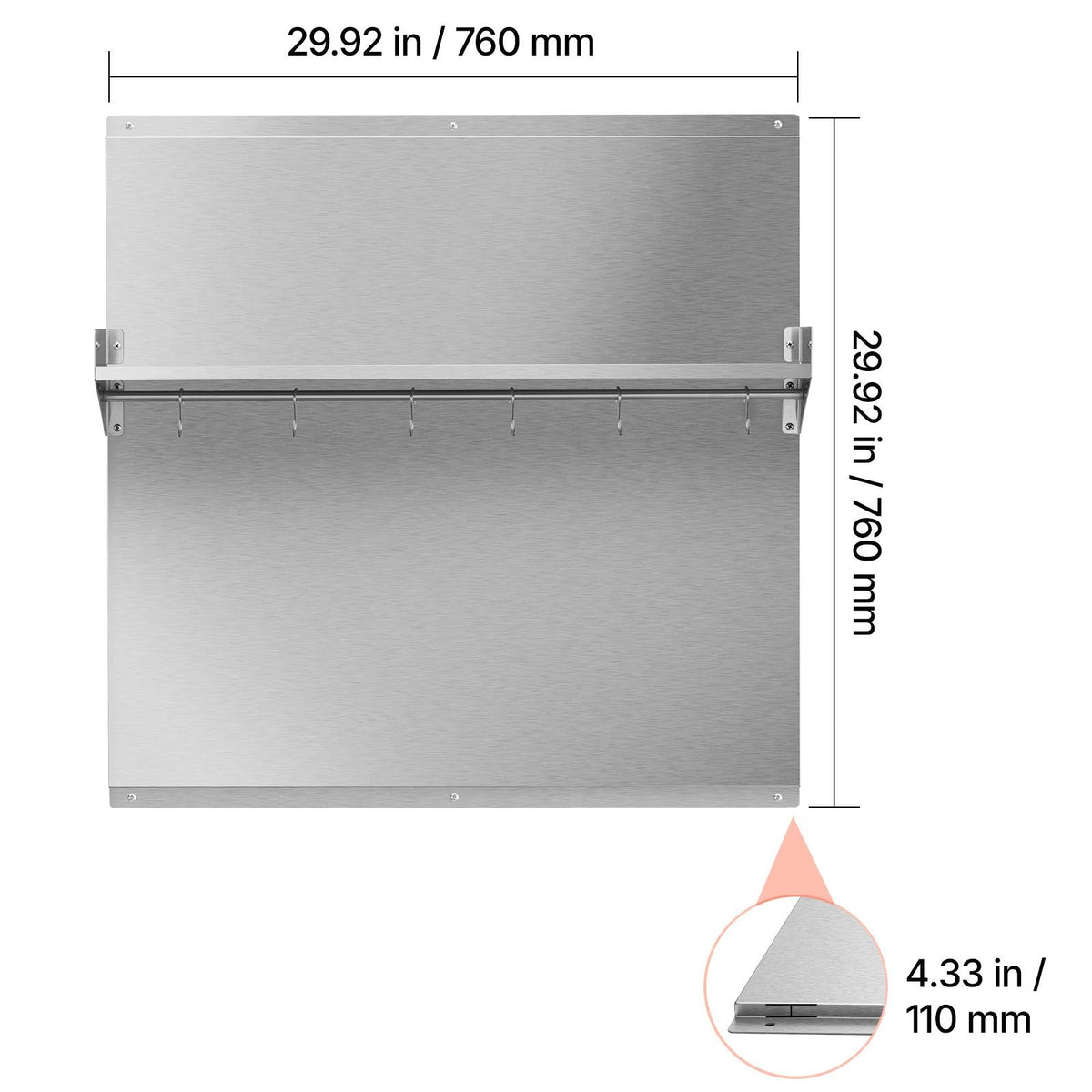 30" x 30" Stainless Steel Backsplash for Stove, Ultra Flat Splatter Guard with Storage Shelf & Hanging Rack, Wall Shield Range Hood Panel, Easy Clean, Pre-Drilled Holes for Easy Installation