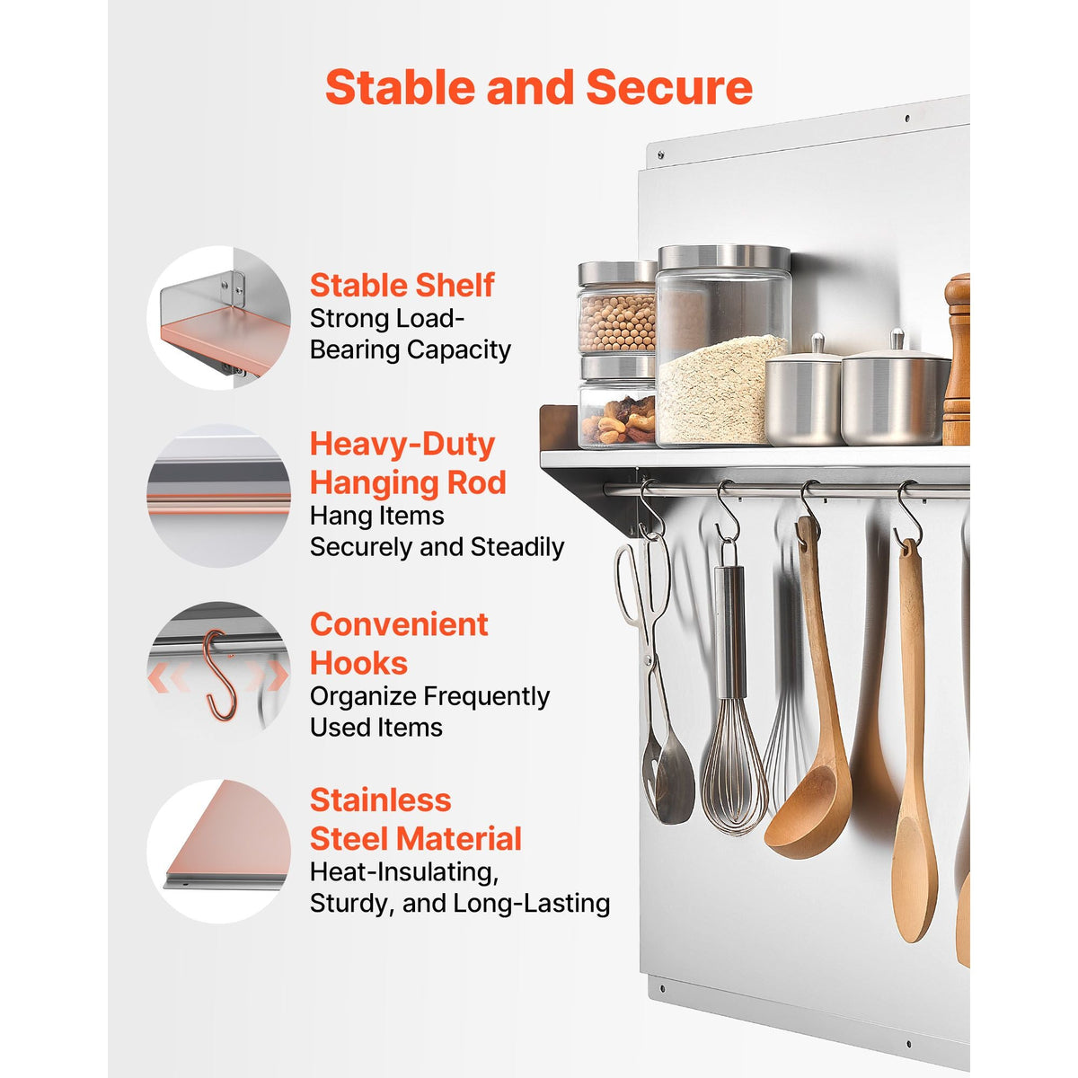 30" x 30" Stainless Steel Backsplash for Stove, Ultra Flat Splatter Guard with Storage Shelf & Hanging Rack, Wall Shield Range Hood Panel, Easy Clean, Pre-Drilled Holes for Easy Installation