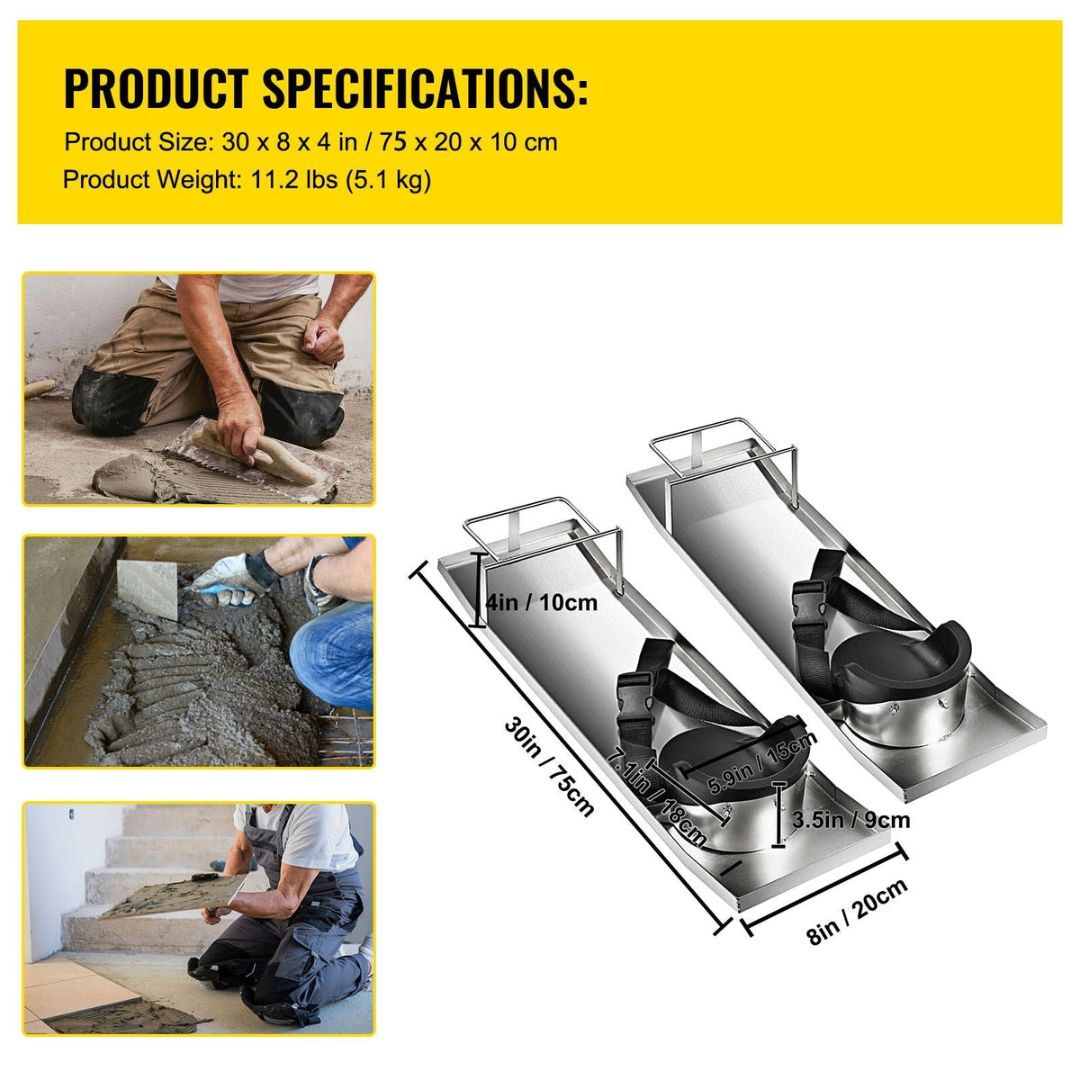 30'' x 8'' Concrete Knee Boards Slider Knee Boards Kneeler Board Stainless Steel Kneedboards Concrete Sliders Pair Moving Sliders w/Concrete Knee Pads & Board Straps for Concrete Finishing