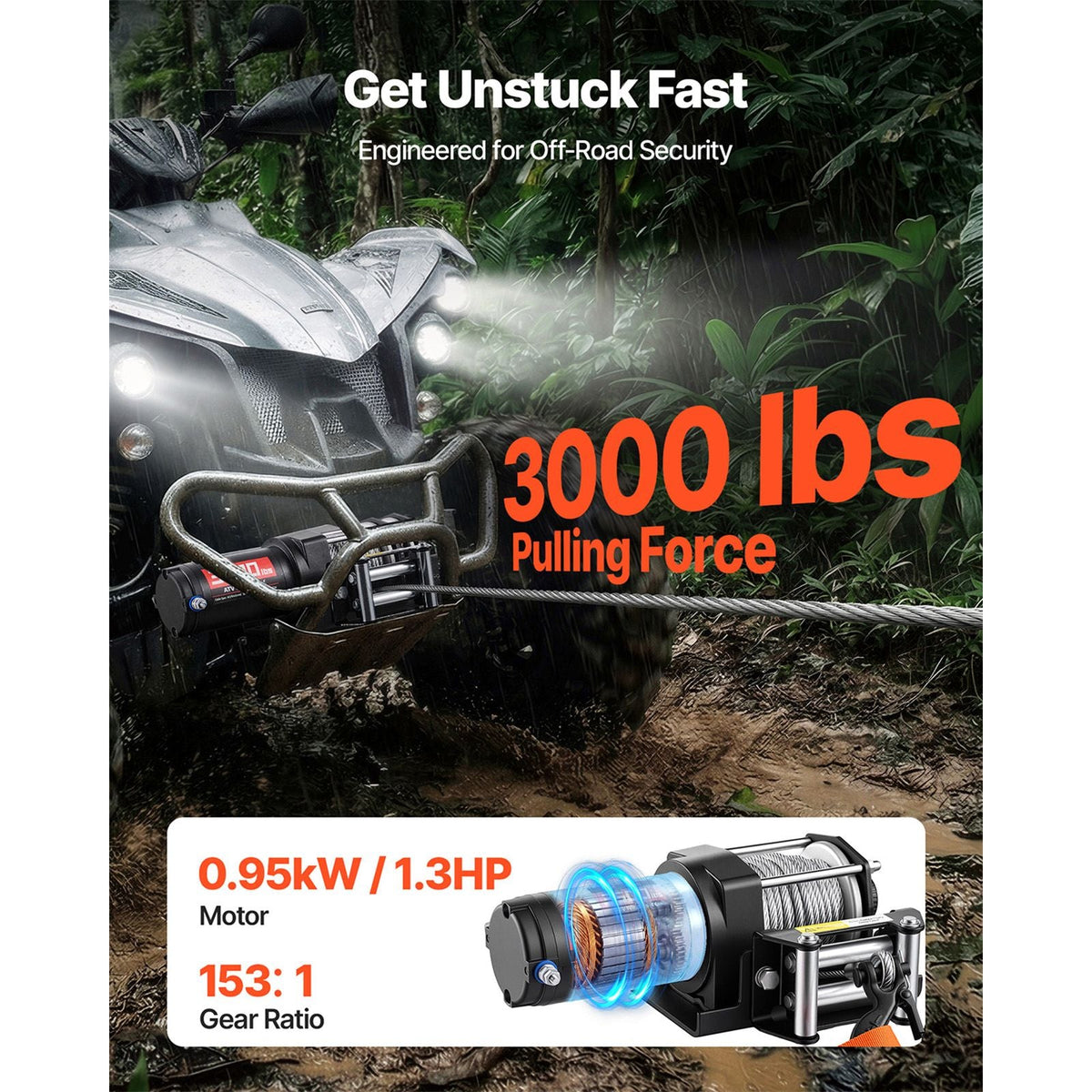 3000 lbs Electric Winch, 12V DC ATV/UTV Winch with Φ3/16 in x 39.4 ft Steel Wire Rope & Wired Remote Control, IP55 Waterproof, Aluminum Housing Fairlead Mount Plate for Towing ATV, Black