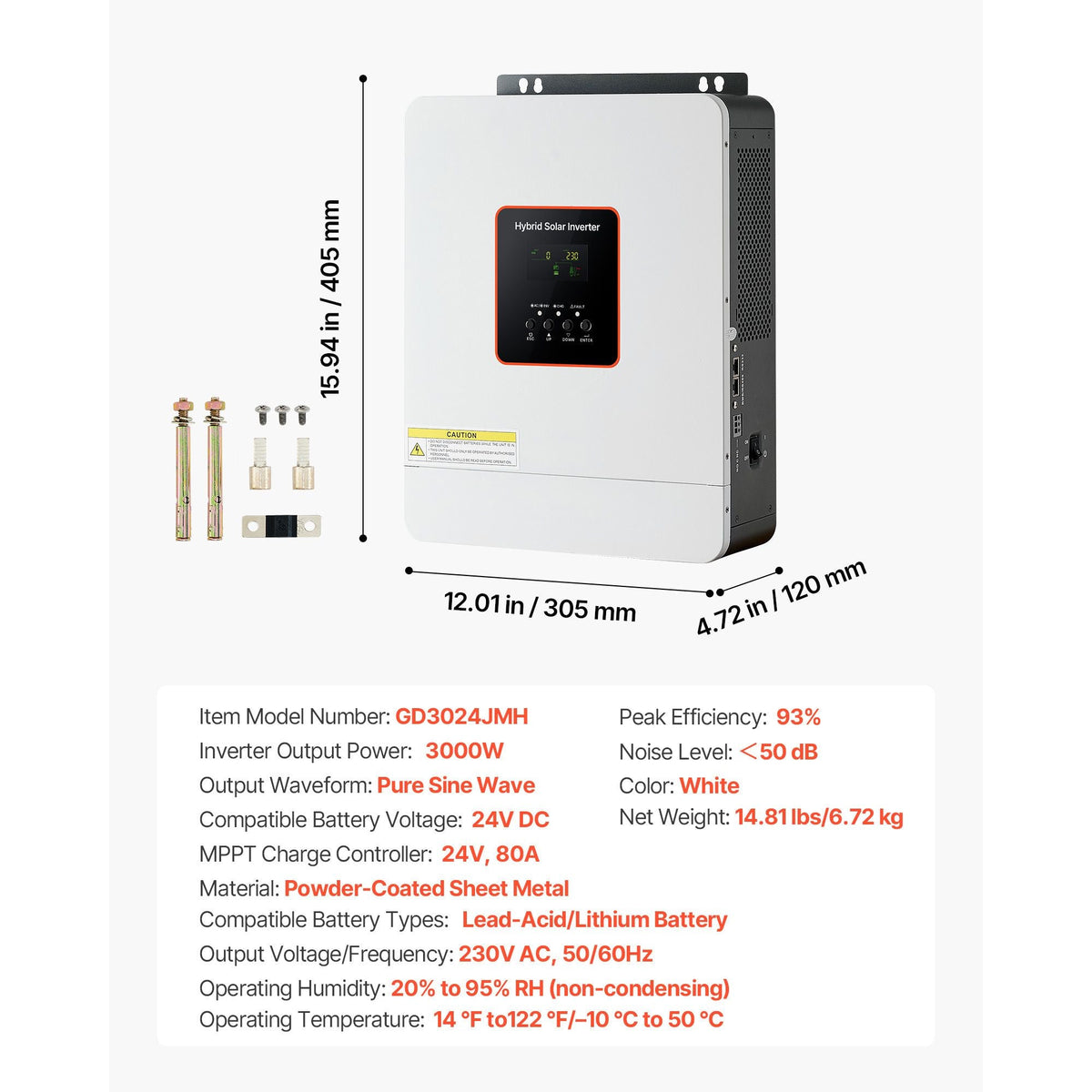 3000W Hybrid Solar Inverter, 24V DC to 230V AC, Pure Sine Wave Power Inverter Charger, Built-in 80A MPPT Solar Controller, Compatible with Lead Acid Lithium Battery, for Home, Camper, Off-Grid