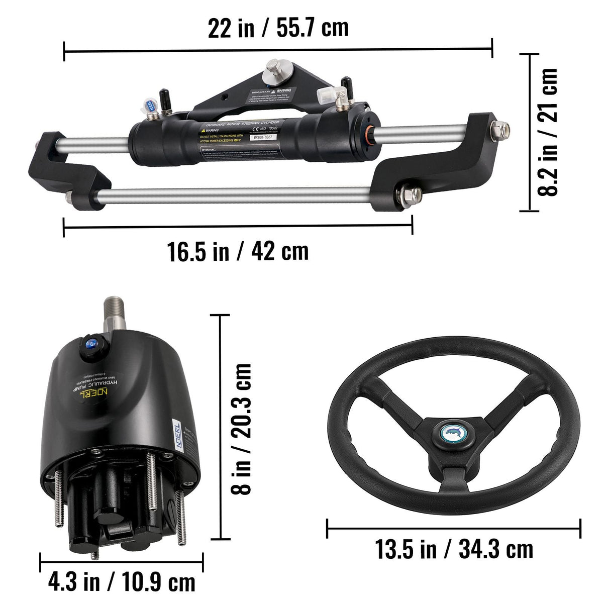 300HP Hydraulic Boat Steering Kit, Hydraulic Steering Helm Pump, Aluminum Alloy Steering Cylinder, 13.5" Steering Wheel with 10" Hydraulic Steering Hose for Boat Steering System