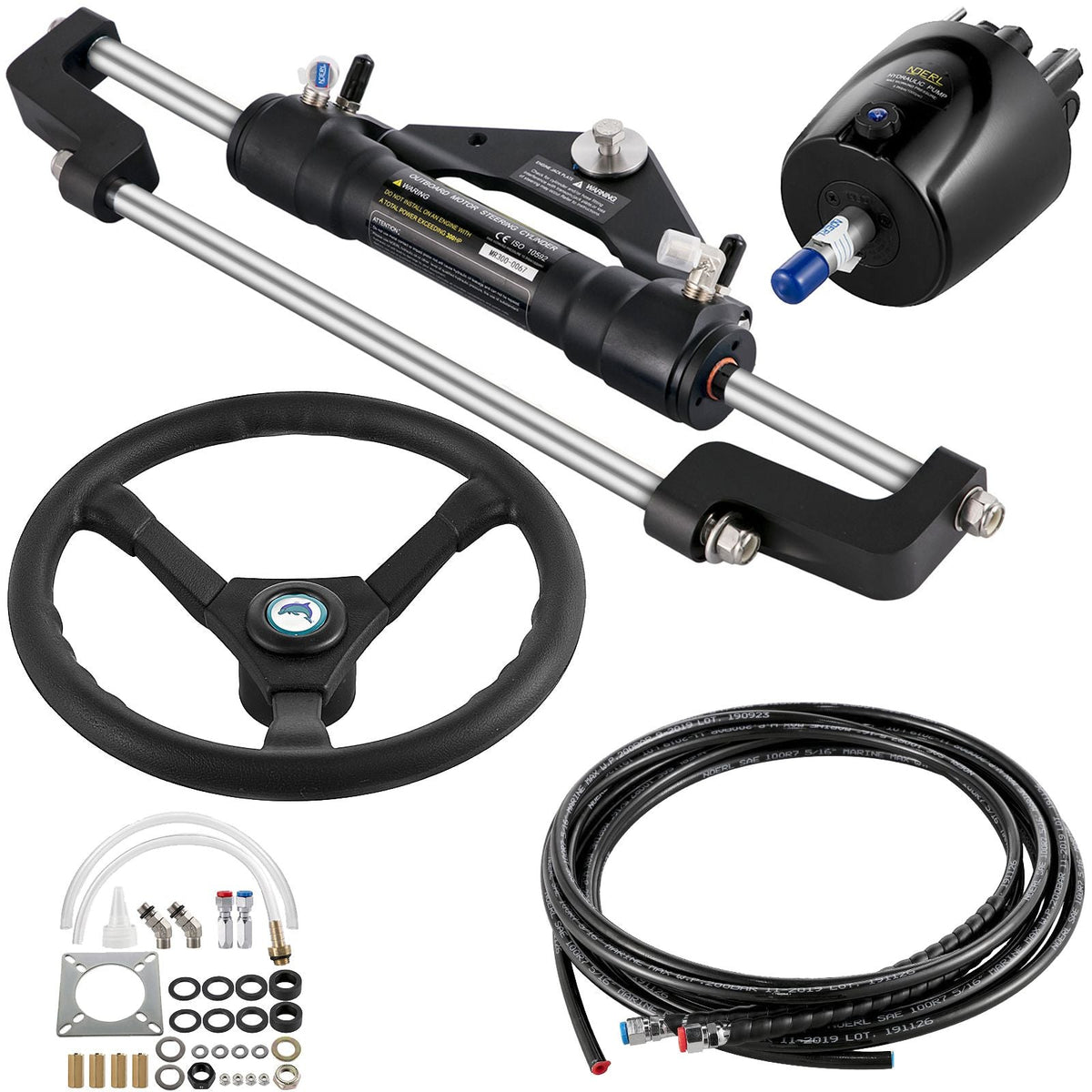 300HP Hydraulic Boat Steering Kit, Hydraulic Steering Helm Pump, Aluminum Alloy Steering Cylinder, 13.5" Steering Wheel with 10" Hydraulic Steering Hose for Boat Steering System