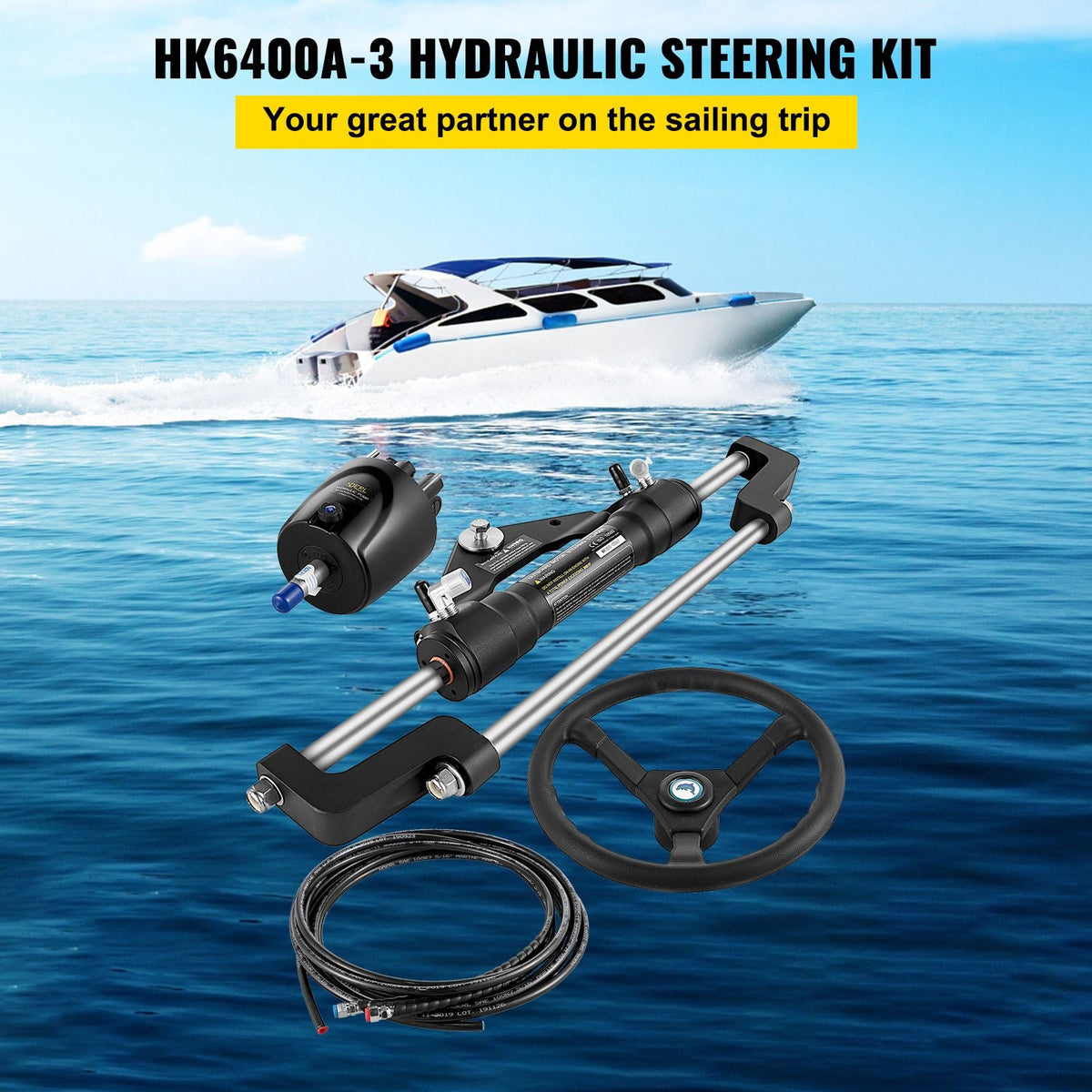 300HP Hydraulic Boat Steering Kit, Hydraulic Steering Helm Pump, Aluminum Alloy Steering Cylinder, 13.5" Steering Wheel with 10" Hydraulic Steering Hose for Boat Steering System