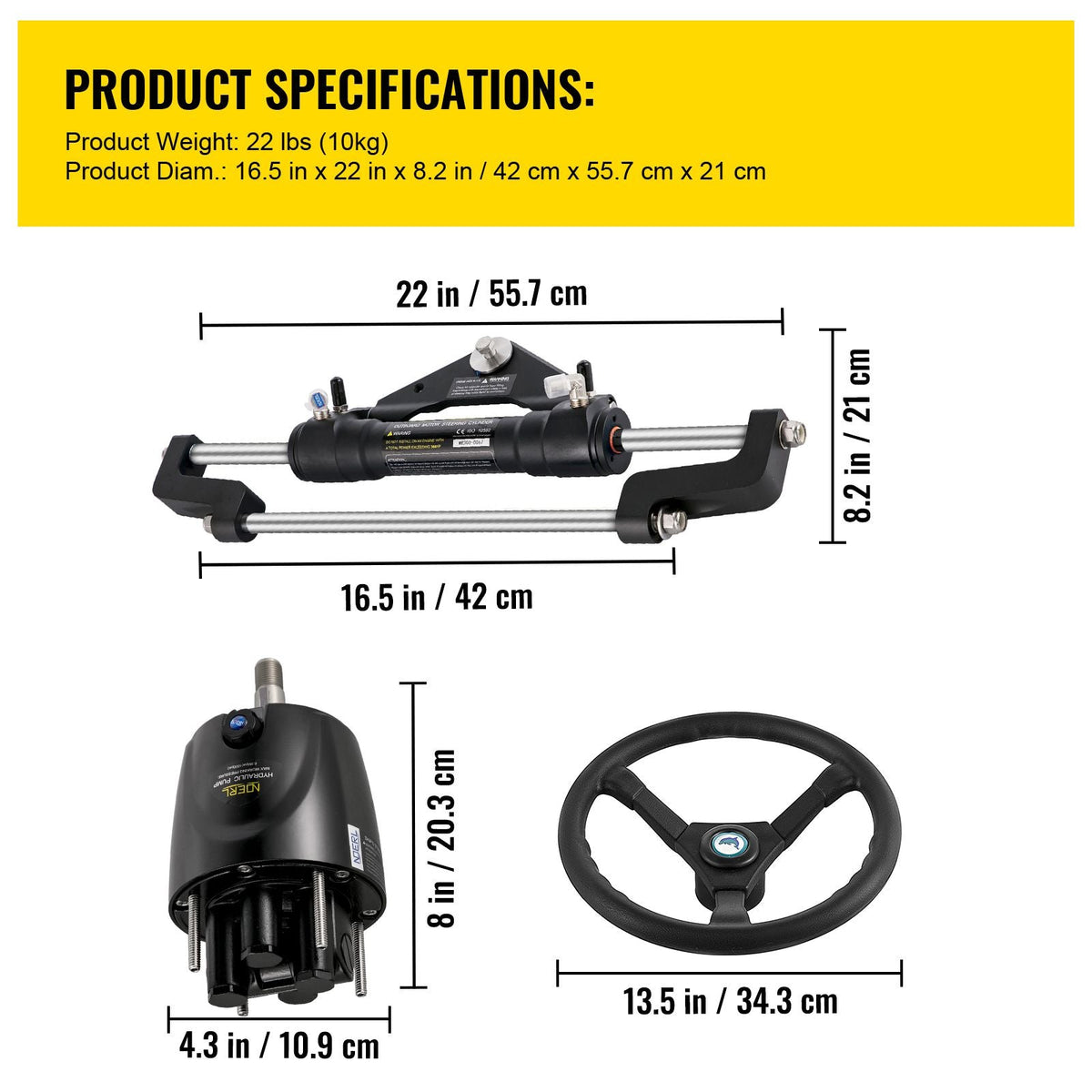 300HP Hydraulic Boat Steering Kit, Hydraulic Steering Helm Pump, Aluminum Alloy Steering Cylinder, 13.5" Steering Wheel with 10" Hydraulic Steering Hose for Boat Steering System