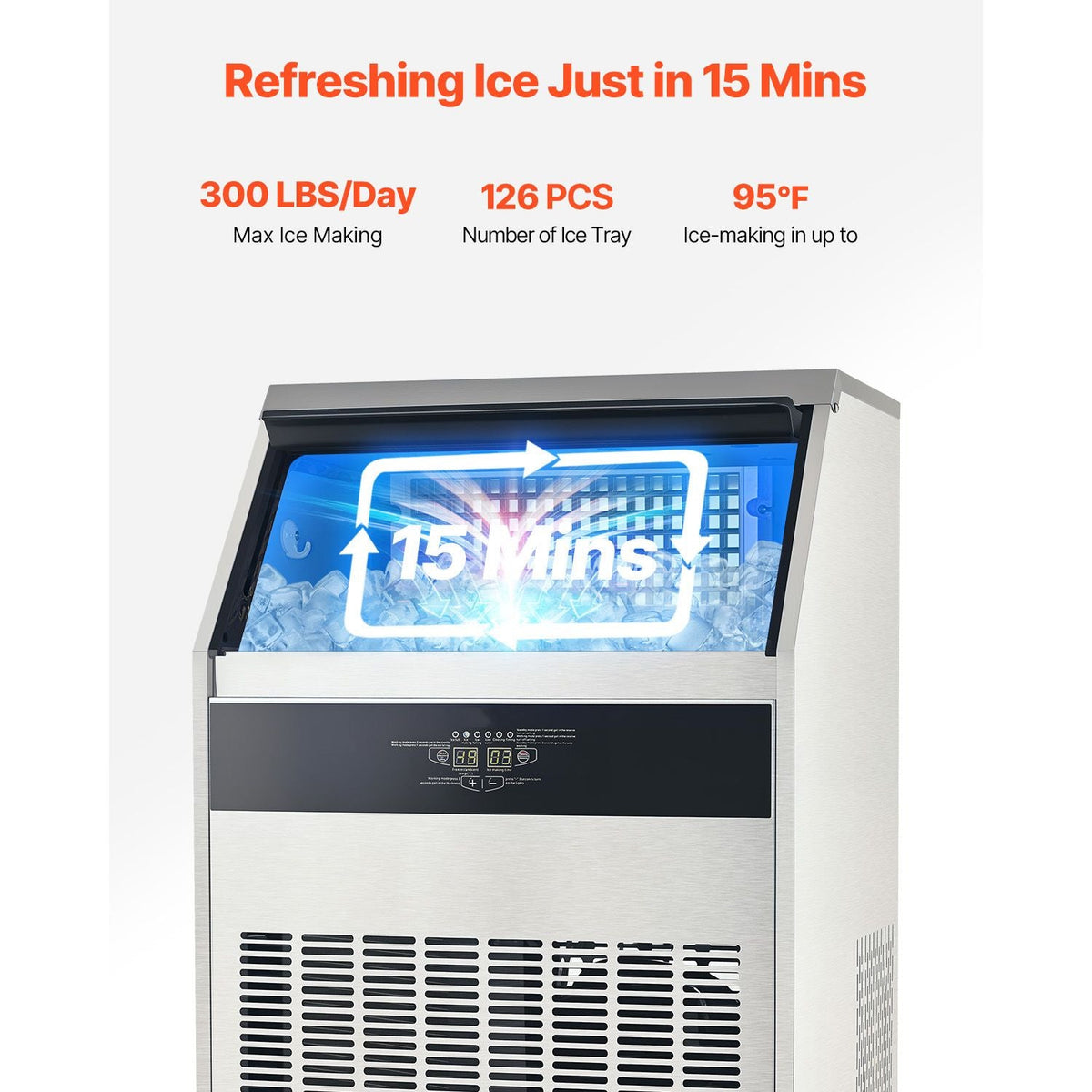 300lbs/24H Commercial Ice Maker, 126 Ice Cubes in 15 Minutes, Freestanding Ice Maker Machine with 88lbs Large Storage Capacity for Bar Office Restaurant, with LED Digital Display & Self-Cleaning