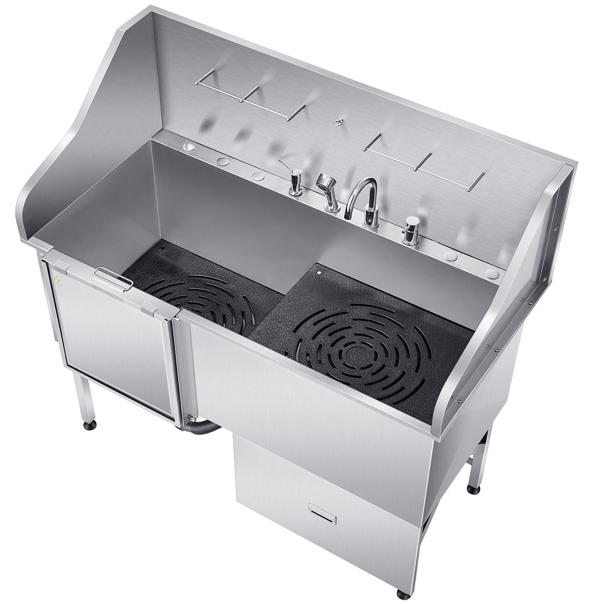 304 Stainless Steel Dog Washing Station, 61 Inch Pet Grooming Tub with Non-Slip Low-Slope Ramp, Storage Drawer, Hot & Cold Faucet, All-in-One Bath for Grooming Shop, Fits All Sizes (Left Door)