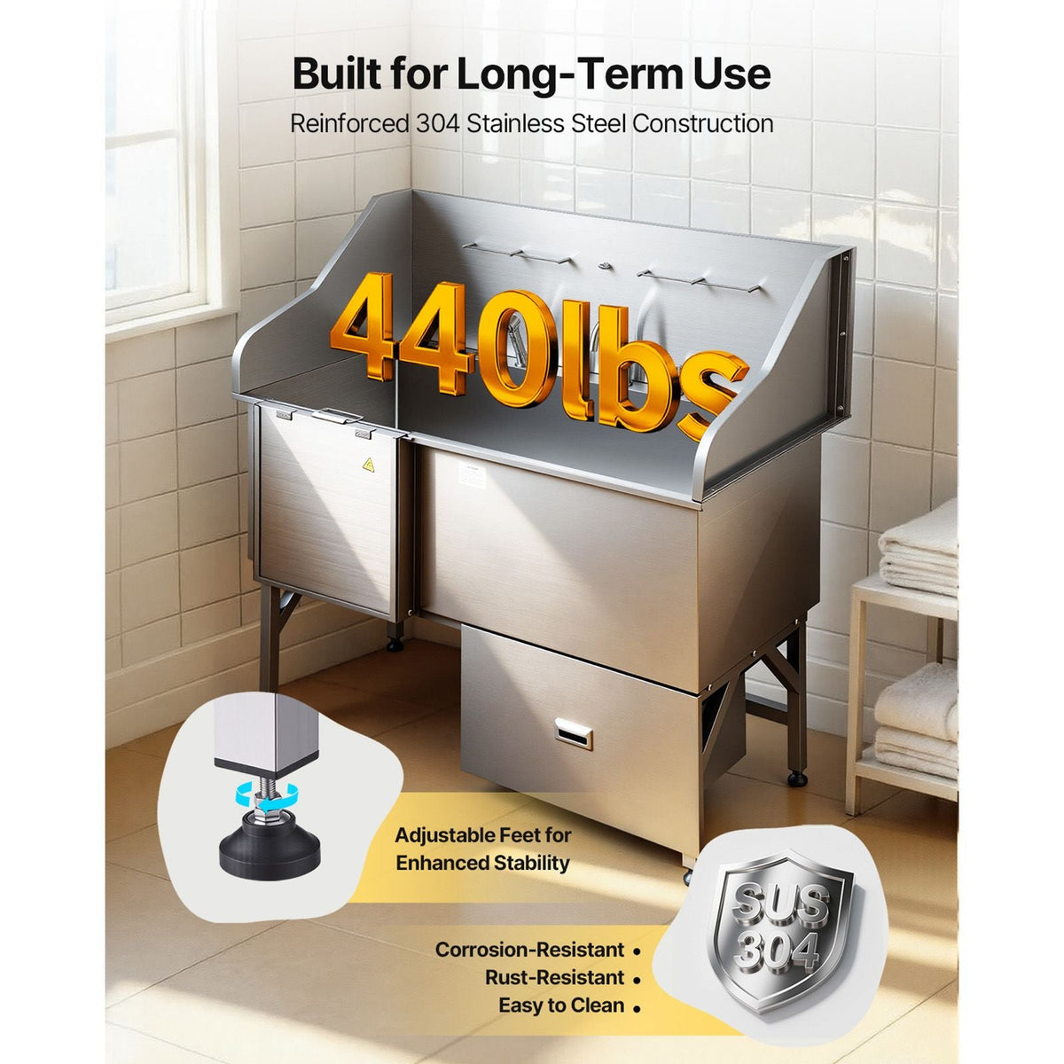 304 Stainless Steel Dog Washing Station, 61 Inch Pet Grooming Tub with Non-Slip Low-Slope Ramp, Storage Drawer, Hot & Cold Faucet, All-in-One Bath for Grooming Shop, Fits All Sizes (Left Door)