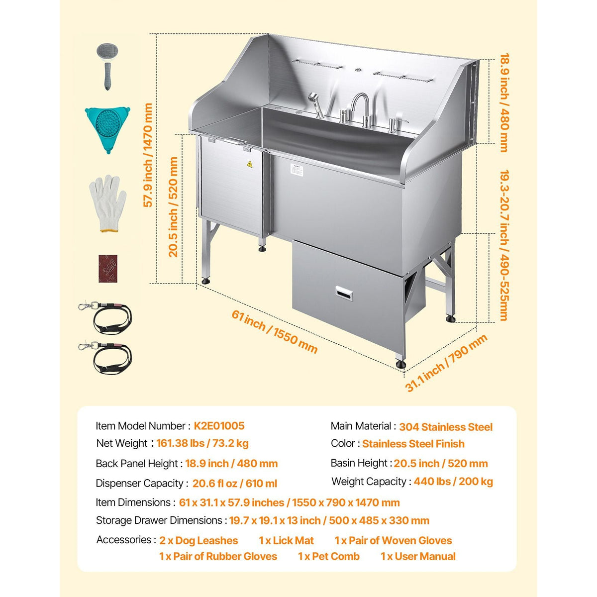 304 Stainless Steel Dog Washing Station, 61 Inch Pet Grooming Tub with Non-Slip Low-Slope Ramp, Storage Drawer, Hot & Cold Faucet, All-in-One Bath for Grooming Shop, Fits All Sizes (Left Door)