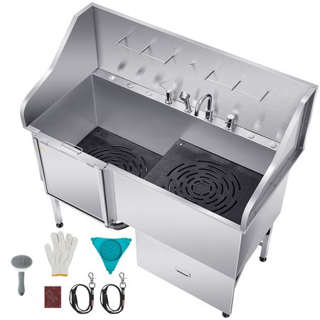 304 Stainless Steel Dog Washing Station, 61 Inch Pet Grooming Tub with Non-Slip Low-Slope Ramp, Storage Drawer, Hot & Cold Faucet, All-in-One Bath for Grooming Shop, Fits All Sizes (Left Door)