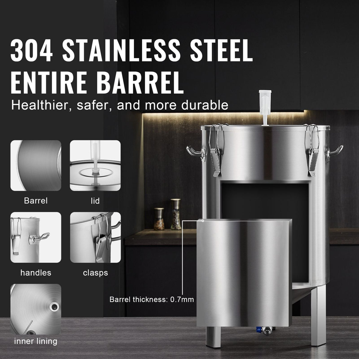 304 Stainless Steel Kettle, 16 GALLON Beer Brew Fermentor, Brew Bucket Fermentor for Brewing, Home Brewing Supplies with Base, Kettle Stock Pot Includes Lid, Handle, Valve, Spigot, Thermometer