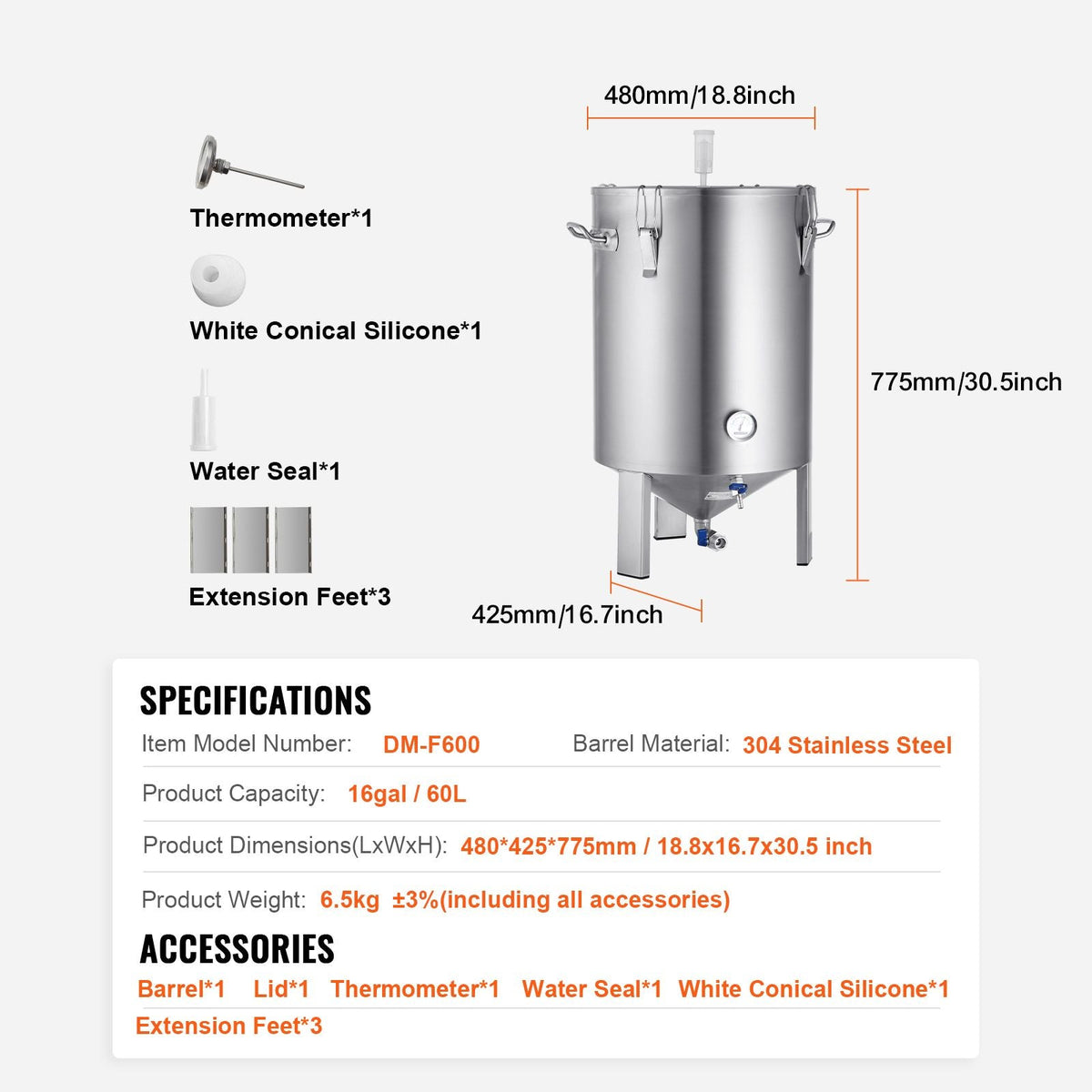 304 Stainless Steel Kettle, 16 GALLON Beer Brew Fermentor, Brew Bucket Fermentor for Brewing, Home Brewing Supplies with Base, Kettle Stock Pot Includes Lid, Handle, Valve, Spigot, Thermometer