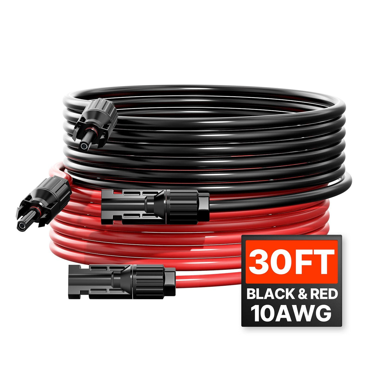 30FT Solar Panel Extension Cable, 10AWG Solar Extension Cable Wire with Female & Male Waterproof Connectors, 6mm² PV Cable for Home, Ship and RV Solar Panels, 30FT Black + 30FT Red (Set of 2)