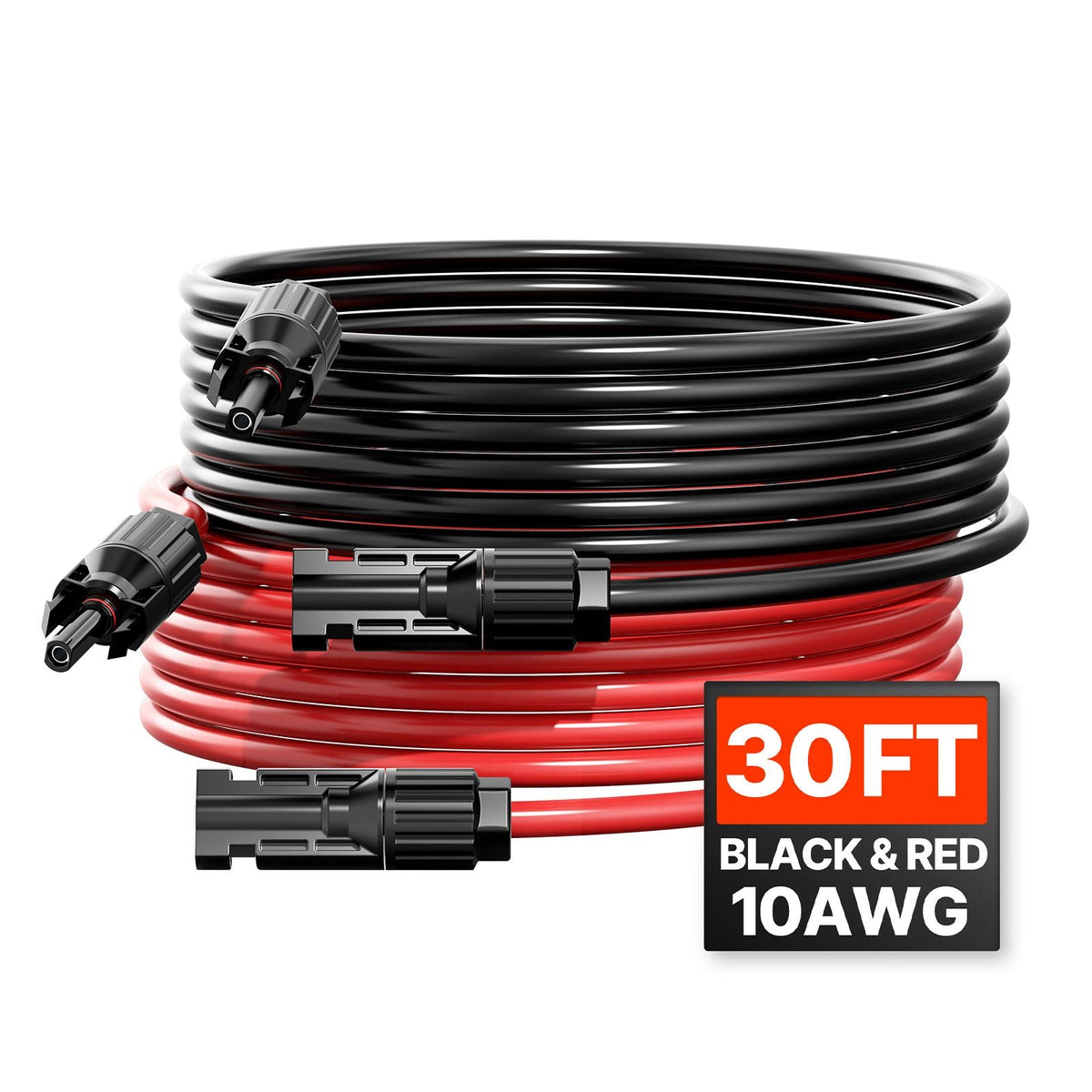 30FT Solar Panel Extension Cable, 10AWG Solar Extension Cable Wire with Female & Male Waterproof Connectors, 6mm² PV Cable for Home, Ship and RV Solar Panels, 30FT Black + 30FT Red (Set of 2)