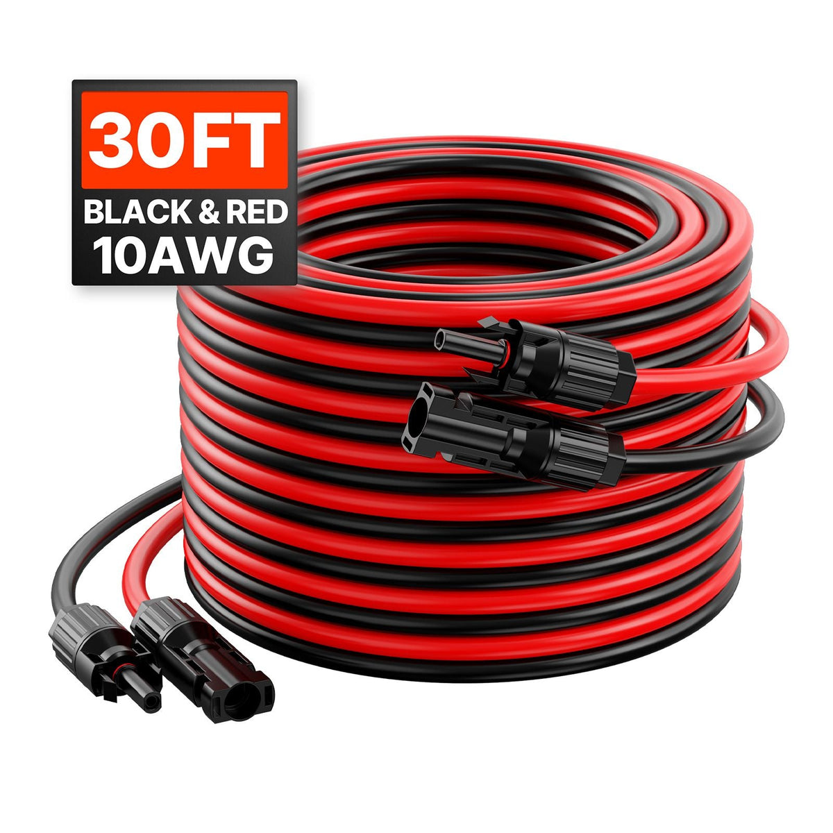 30FT Solar Panel Extension Cable, 10AWG Solar Extension Cable Wire with Female & Male Waterproof Connectors, 6mm² PV Cable for Home, Ship and RV Solar Panels, 30FT Black + 30FT Red (Set of 2)
